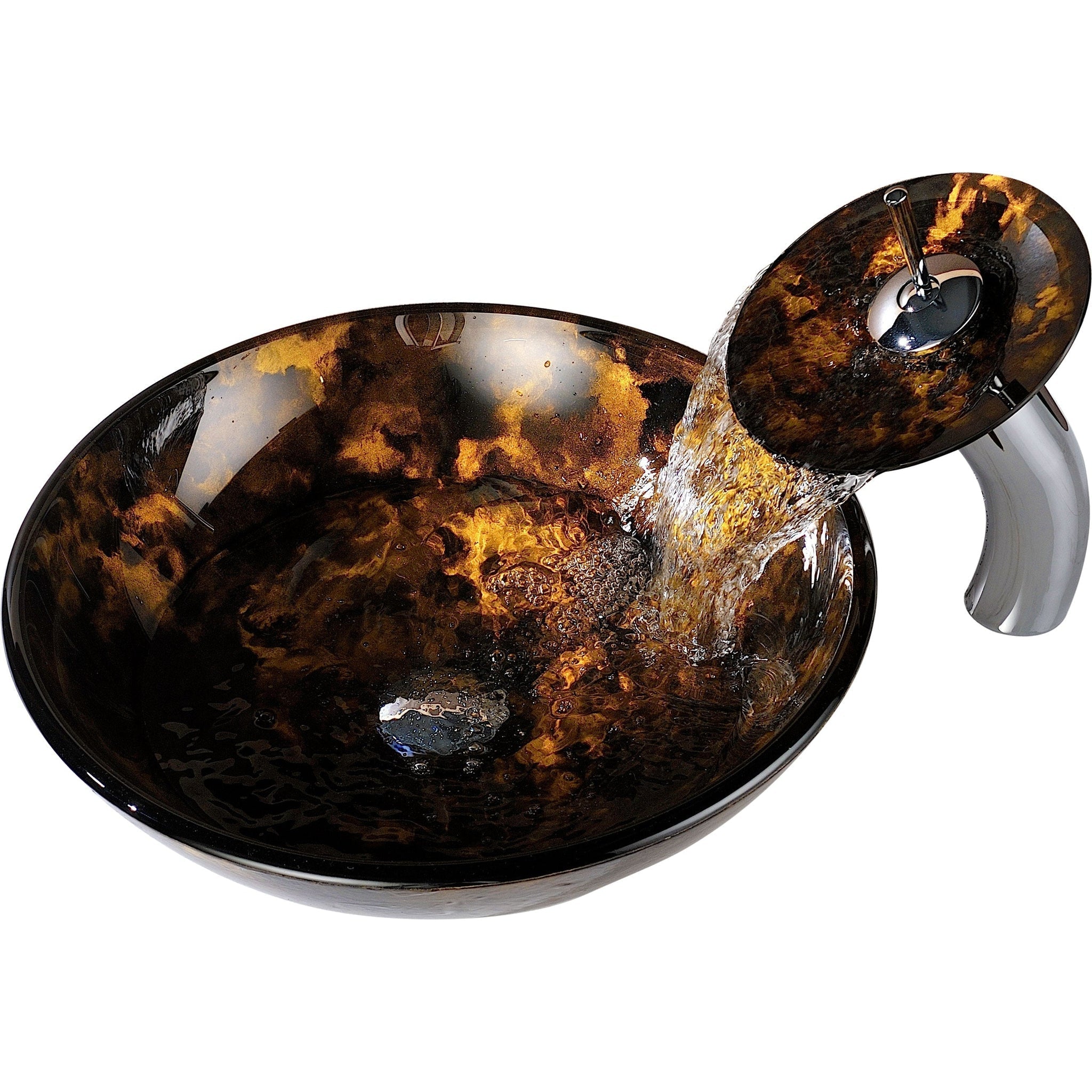 ANZZI, ANZZI Timbre Series 17" x 17" Round Kindled Amber Deco-Glass Vessel Sink With Polished Chrome Pop-Up Drain and Waterfall Faucet