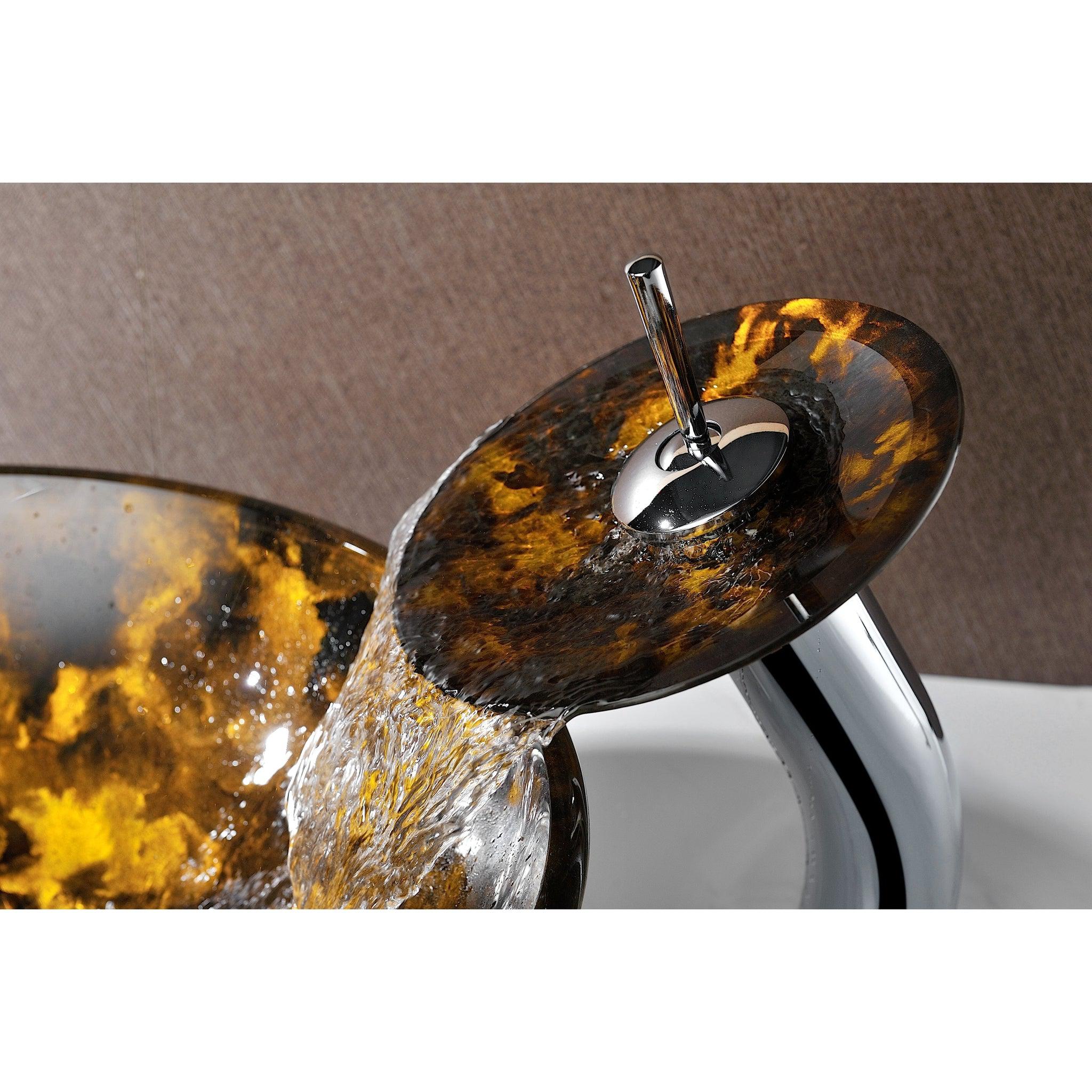 ANZZI, ANZZI Timbre Series 17" x 17" Round Kindled Amber Deco-Glass Vessel Sink With Polished Chrome Pop-Up Drain and Waterfall Faucet