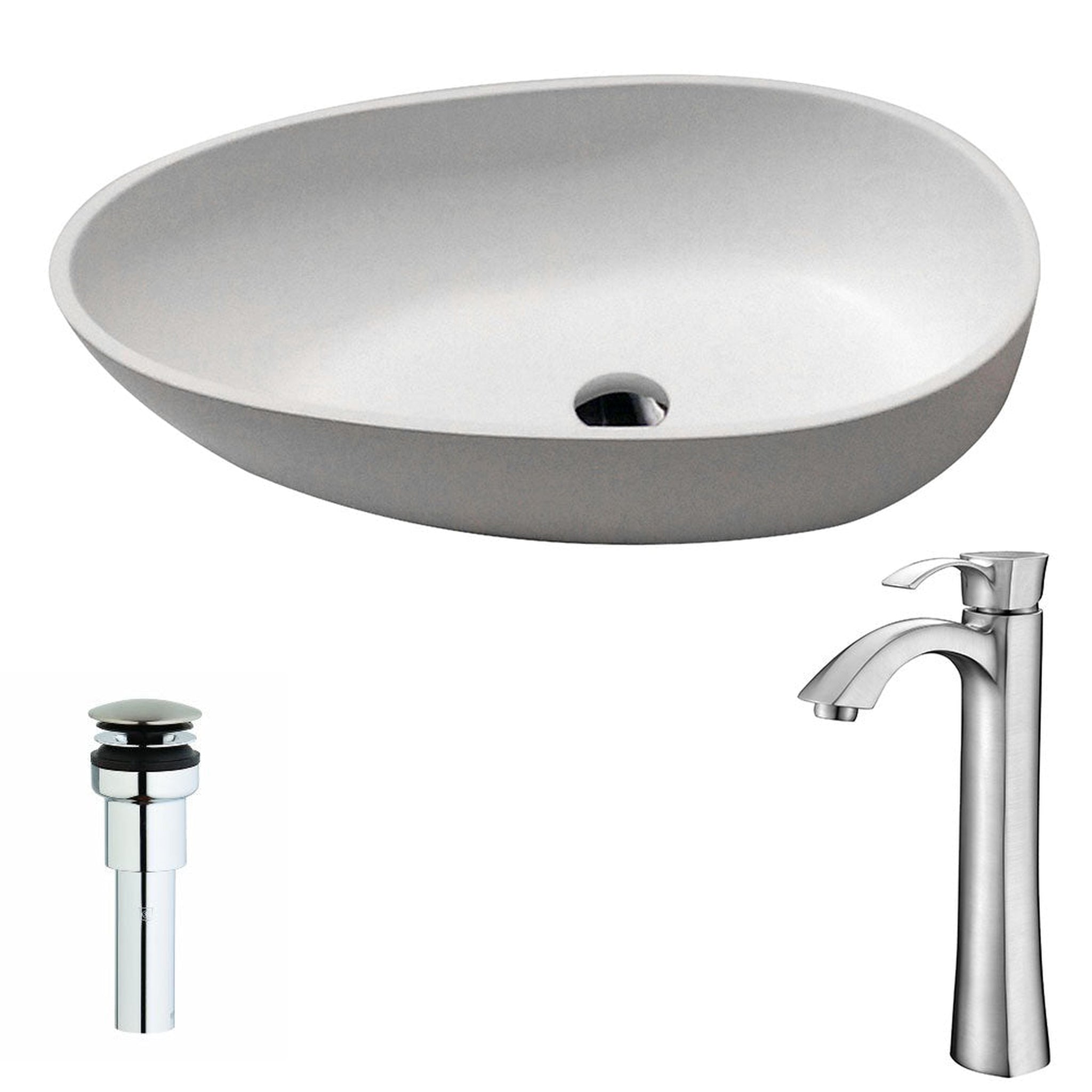 ANZZI, ANZZI Trident Series 24" x 16" Oval Shape Vessel Sink in Matte White Finish With Brushed Nickel Harmony Vessel Faucet and Pop-up Drain