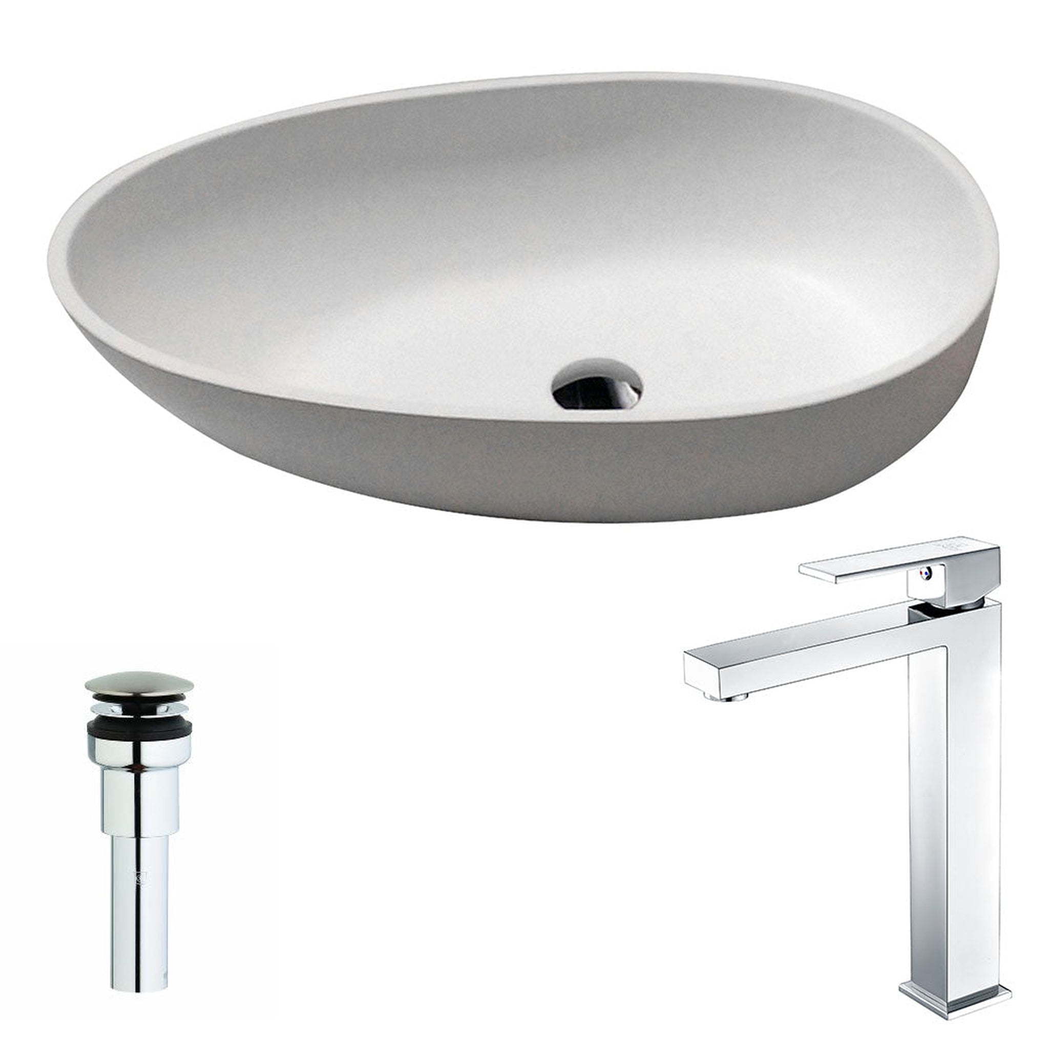 ANZZI, ANZZI Trident Series 24" x 16" Oval Shape Vessel Sink in Matte White Finish With Polished Chrome Enti Faucet and Pop-up Drain