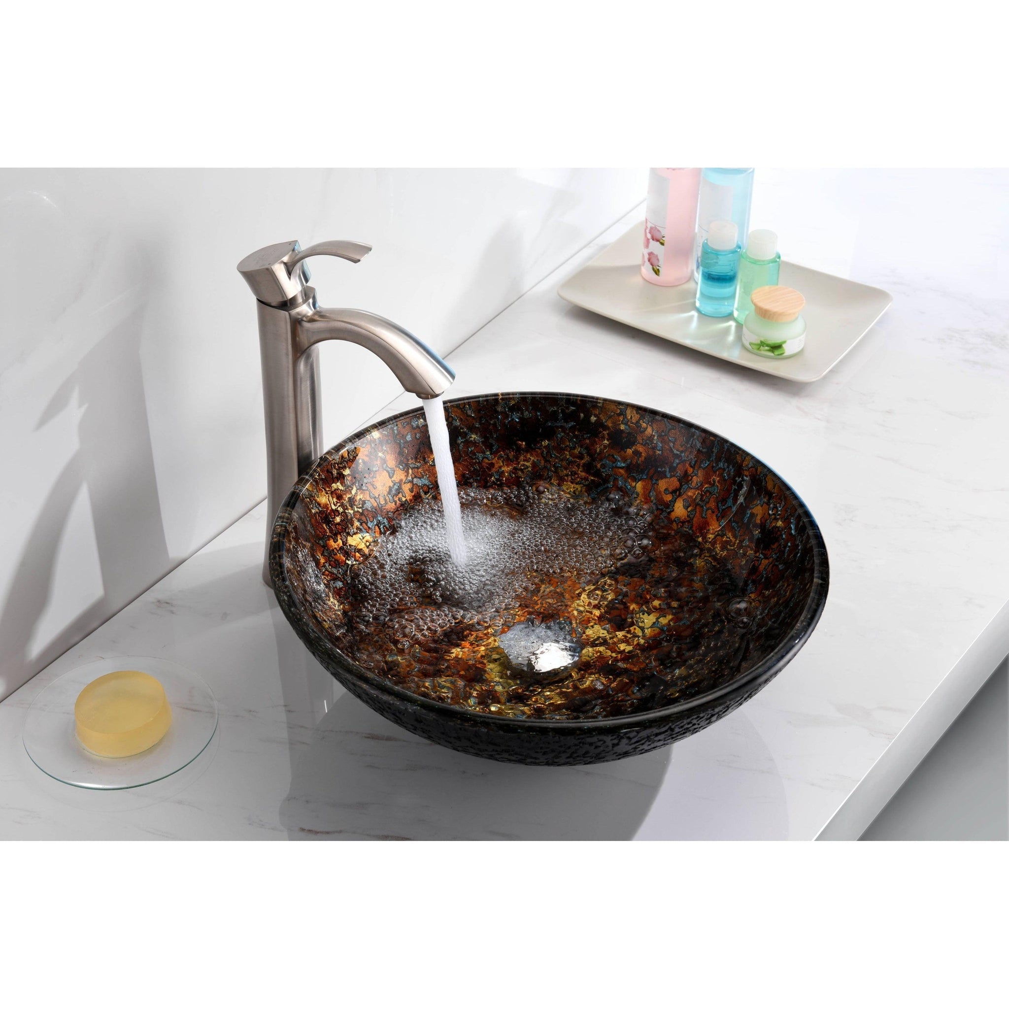 ANZZI, ANZZI Tuasavi Series 17" x 17" Round Molten Gold Deco-Glass Vessel Sink With Polished Chrome Pop-Up Drain