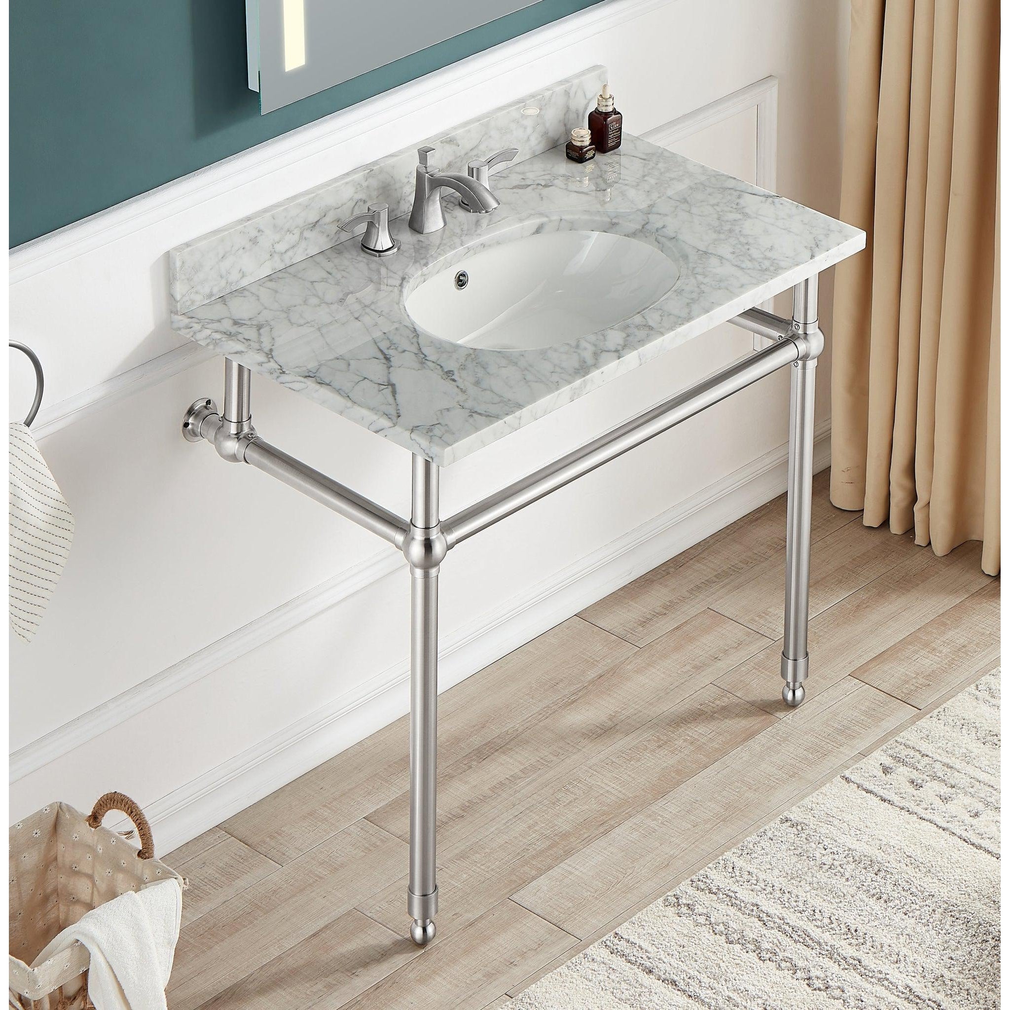 ANZZI, ANZZI Verona Series 34.5" x 34" Console Sink in White Carrara Countertop With Brushed Nickel Stainless Steel Stand Legs