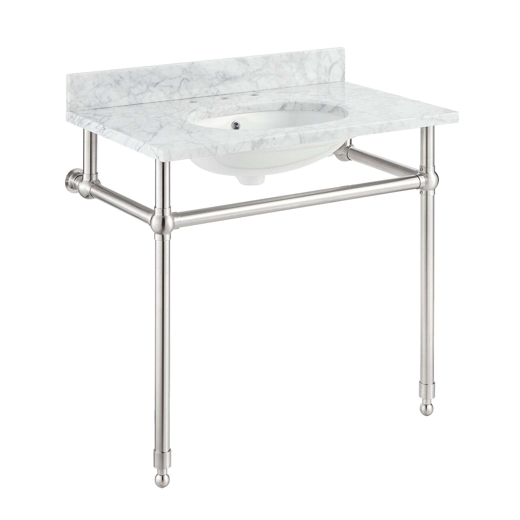 ANZZI, ANZZI Verona Series 34.5" x 34" Console Sink in White Carrara Countertop With Brushed Nickel Stainless Steel Stand Legs