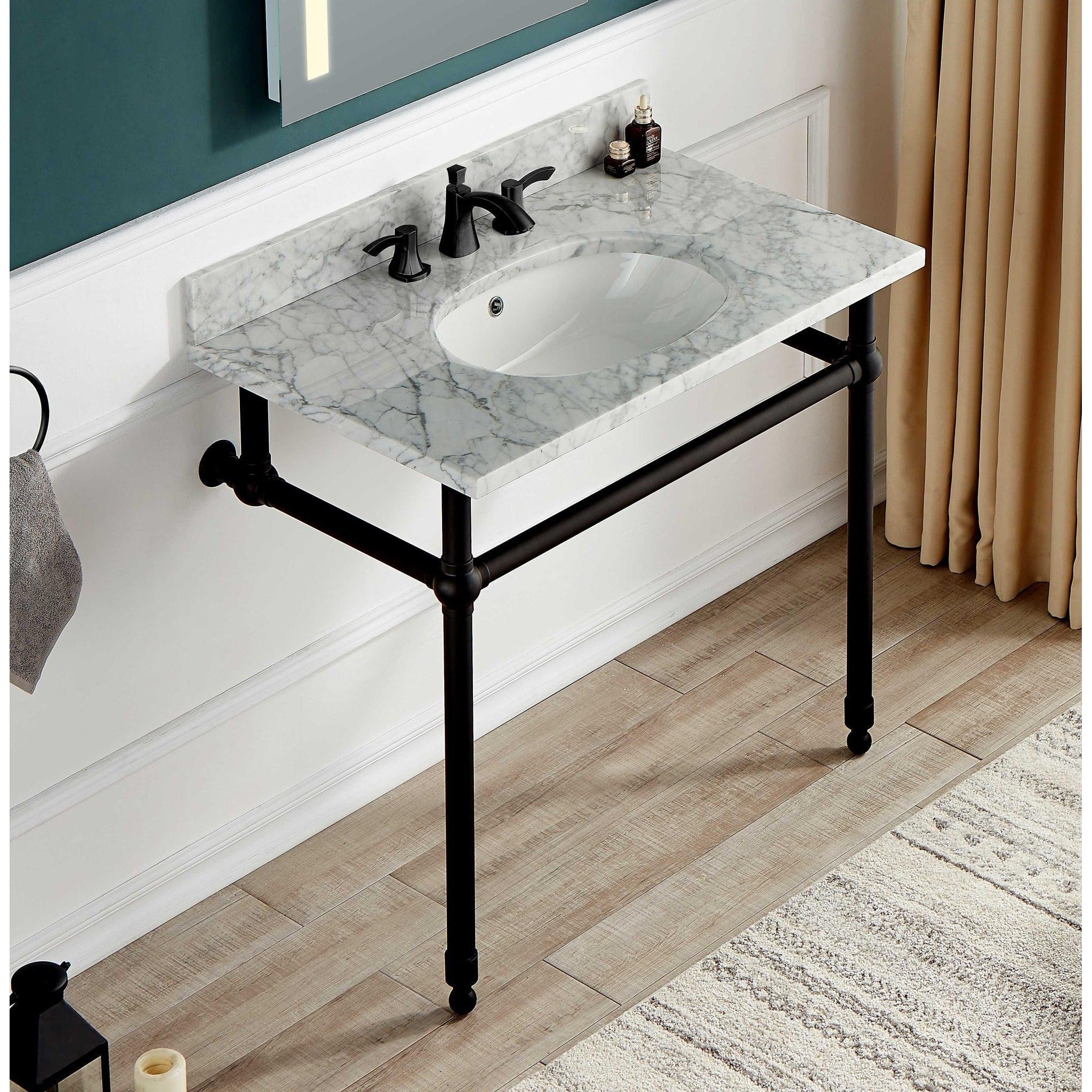 ANZZI, ANZZI Verona Series 34.5" x 34" Console Sink in White Carrara Countertop With Matte Black Stainless Steel Stand Legs