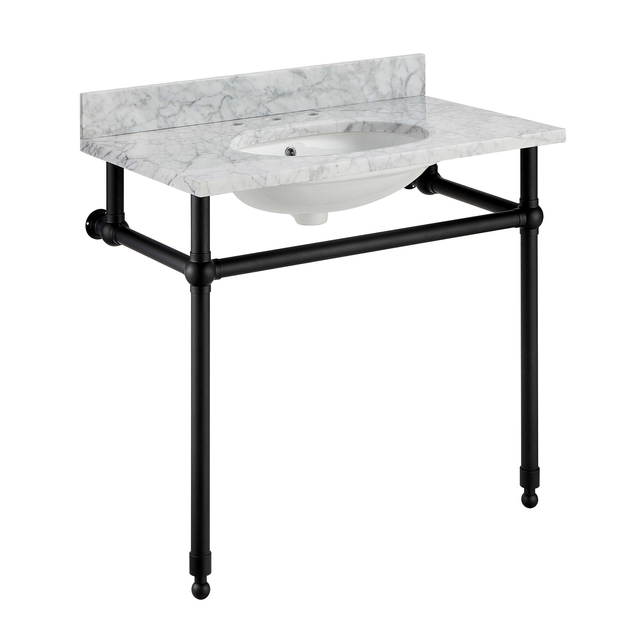 ANZZI, ANZZI Verona Series 34.5" x 34" Console Sink in White Carrara Countertop With Matte Black Stainless Steel Stand Legs