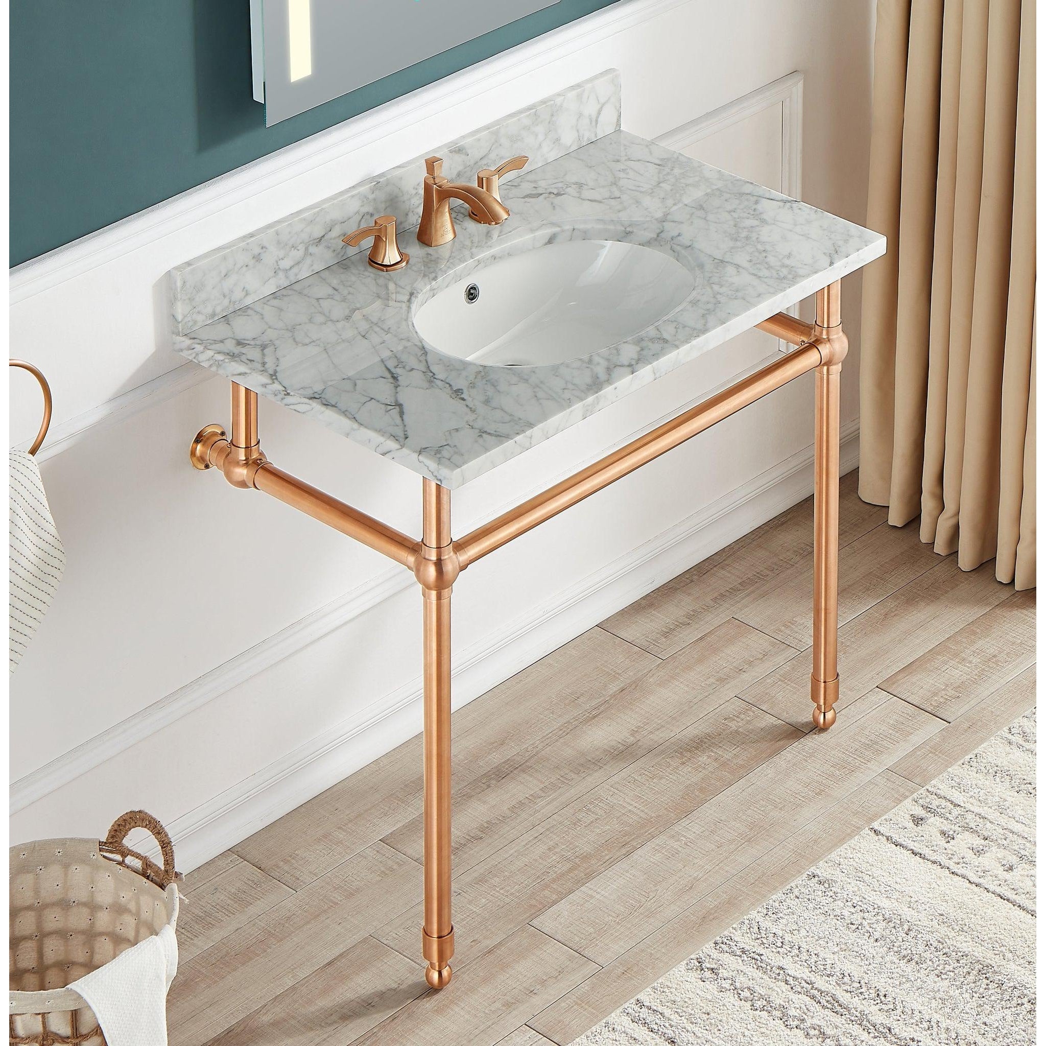 ANZZI, ANZZI Verona Series 34.5" x 34" Console Sink in White Carrara Countertop With Rose Gold Stainless Steel Stand Legs