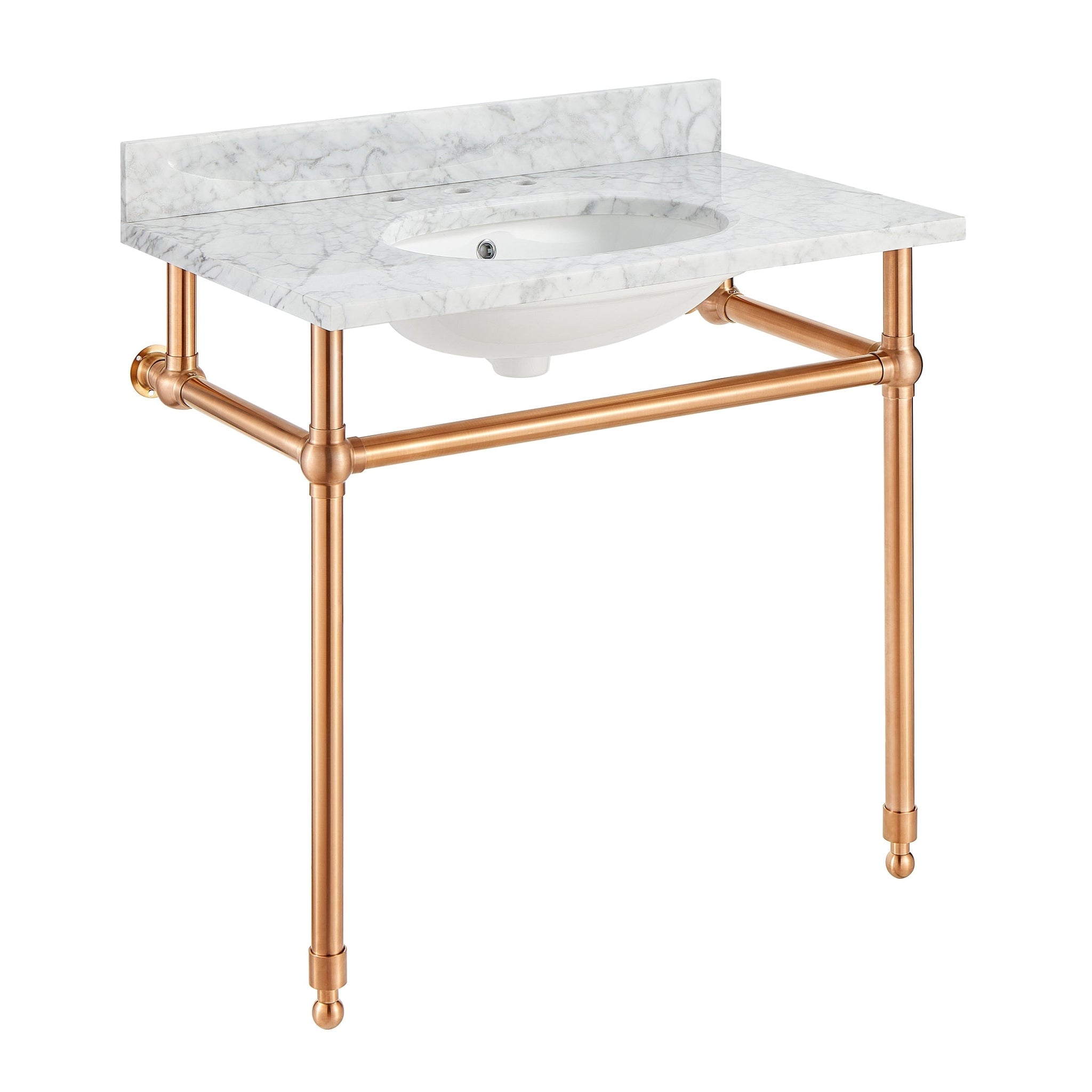 ANZZI, ANZZI Verona Series 34.5" x 34" Console Sink in White Carrara Countertop With Rose Gold Stainless Steel Stand Legs