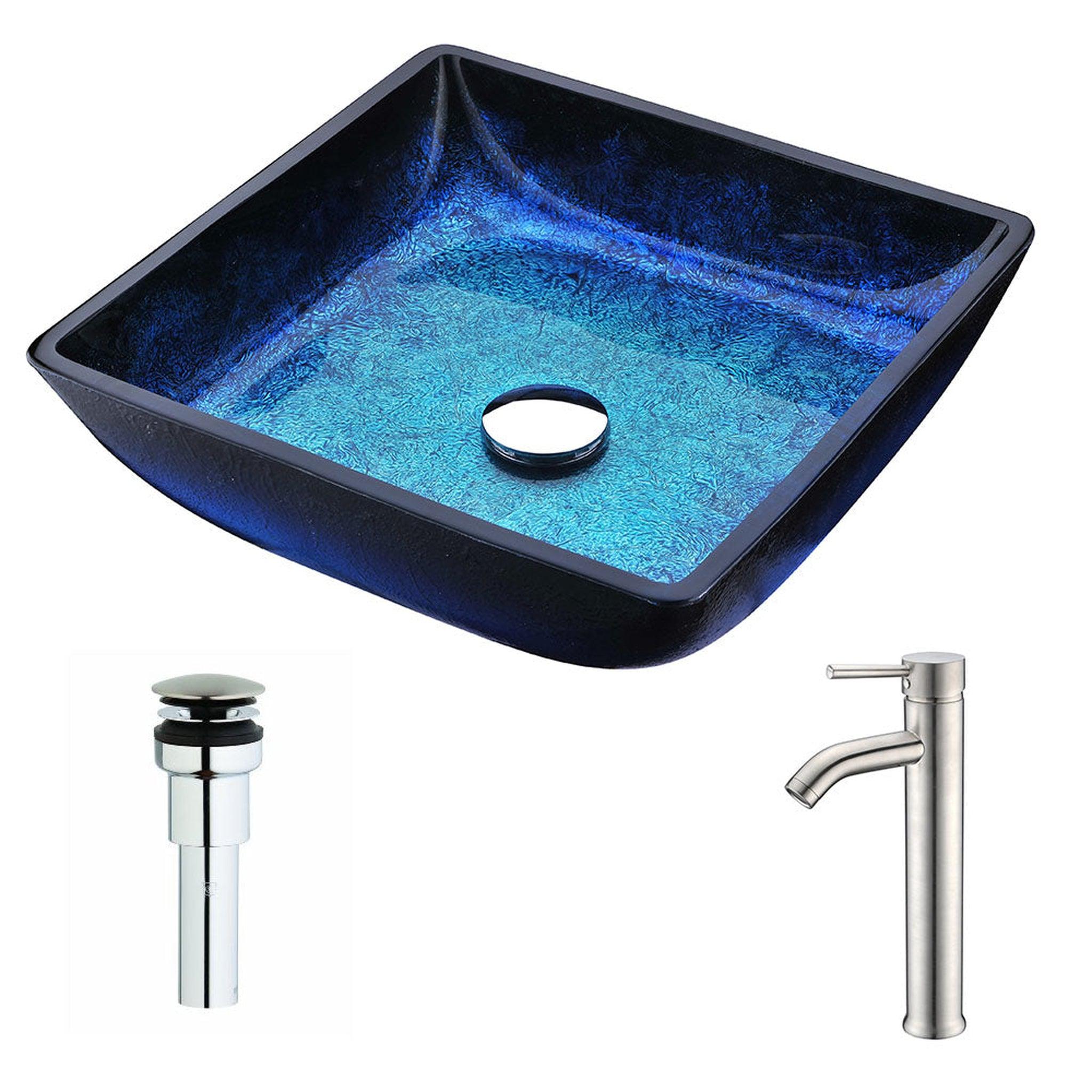 ANZZI, ANZZI Viace Series 15" x 15" Square Shaped Blazing Blue Deco-Glass Vessel Sink With Chrome Pop-Up Drain and Brushed Nickel Fann Faucet