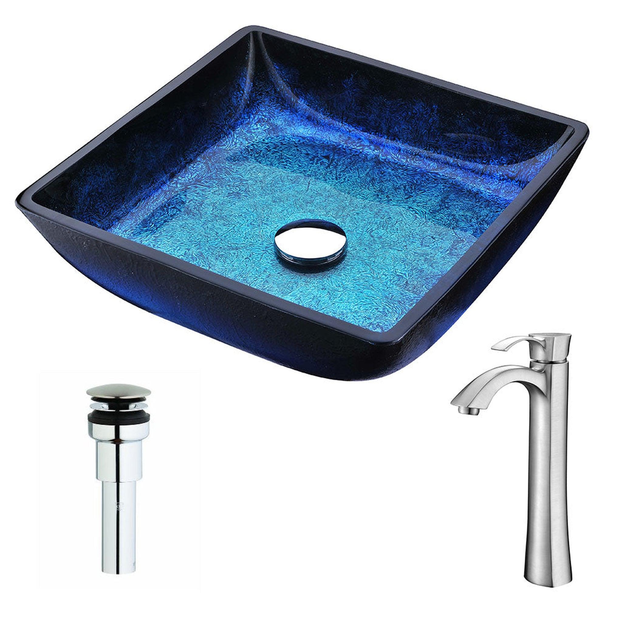 ANZZI, ANZZI Viace Series 15" x 15" Square Shaped Blazing Blue Deco-Glass Vessel Sink With Chrome Pop-Up Drain and Brushed Nickel Harmony Faucet