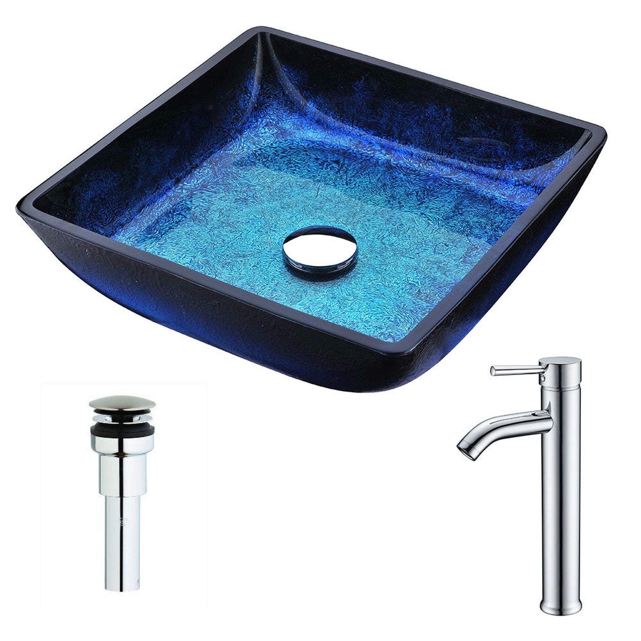 ANZZI, ANZZI Viace Series 15" x 15" Square Shaped Blazing Blue Deco-Glass Vessel Sink With Chrome Pop-Up Drain and Fann Faucet