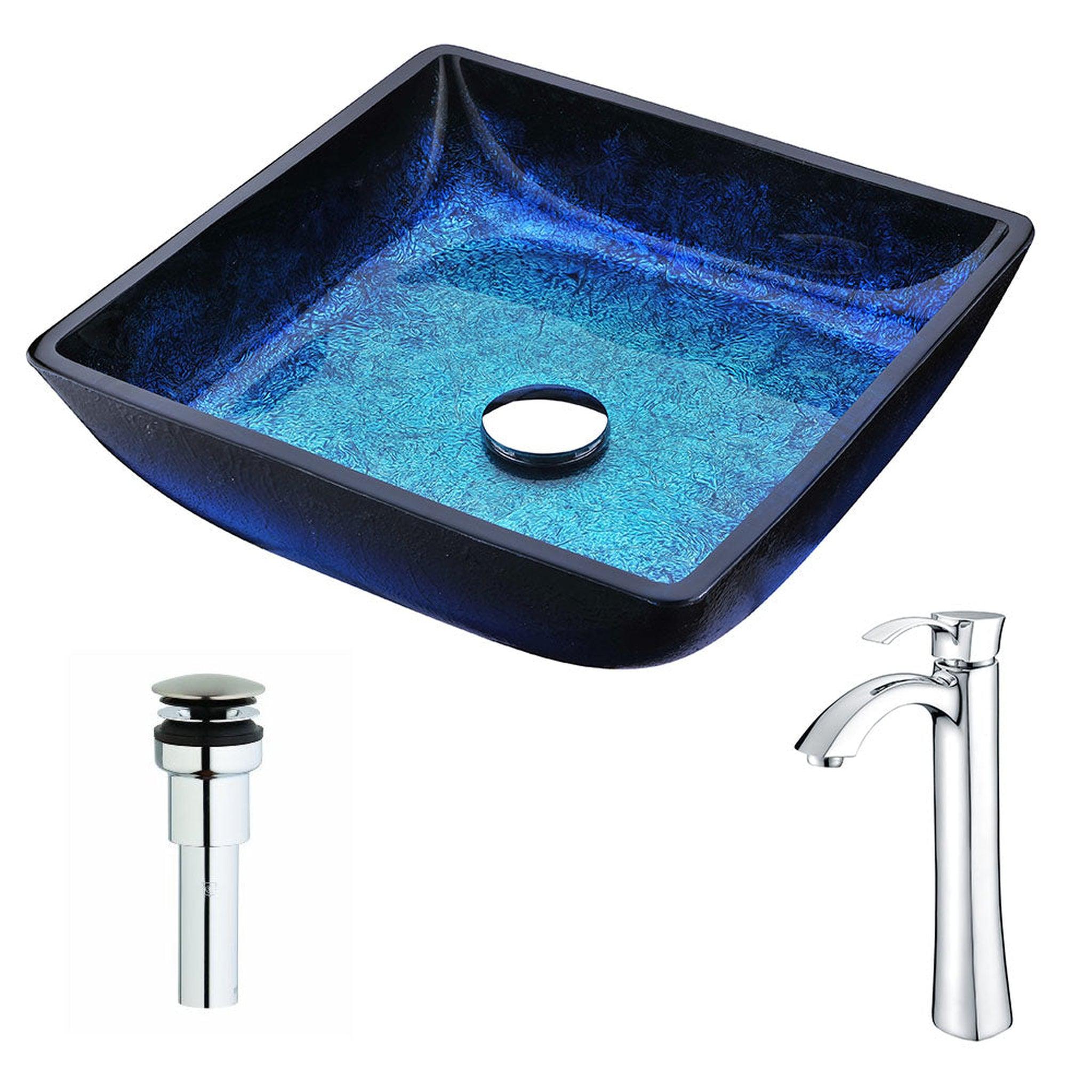 ANZZI, ANZZI Viace Series 15" x 15" Square Shaped Blazing Blue Deco-Glass Vessel Sink With Chrome Pop-Up Drain and Harmony Faucet