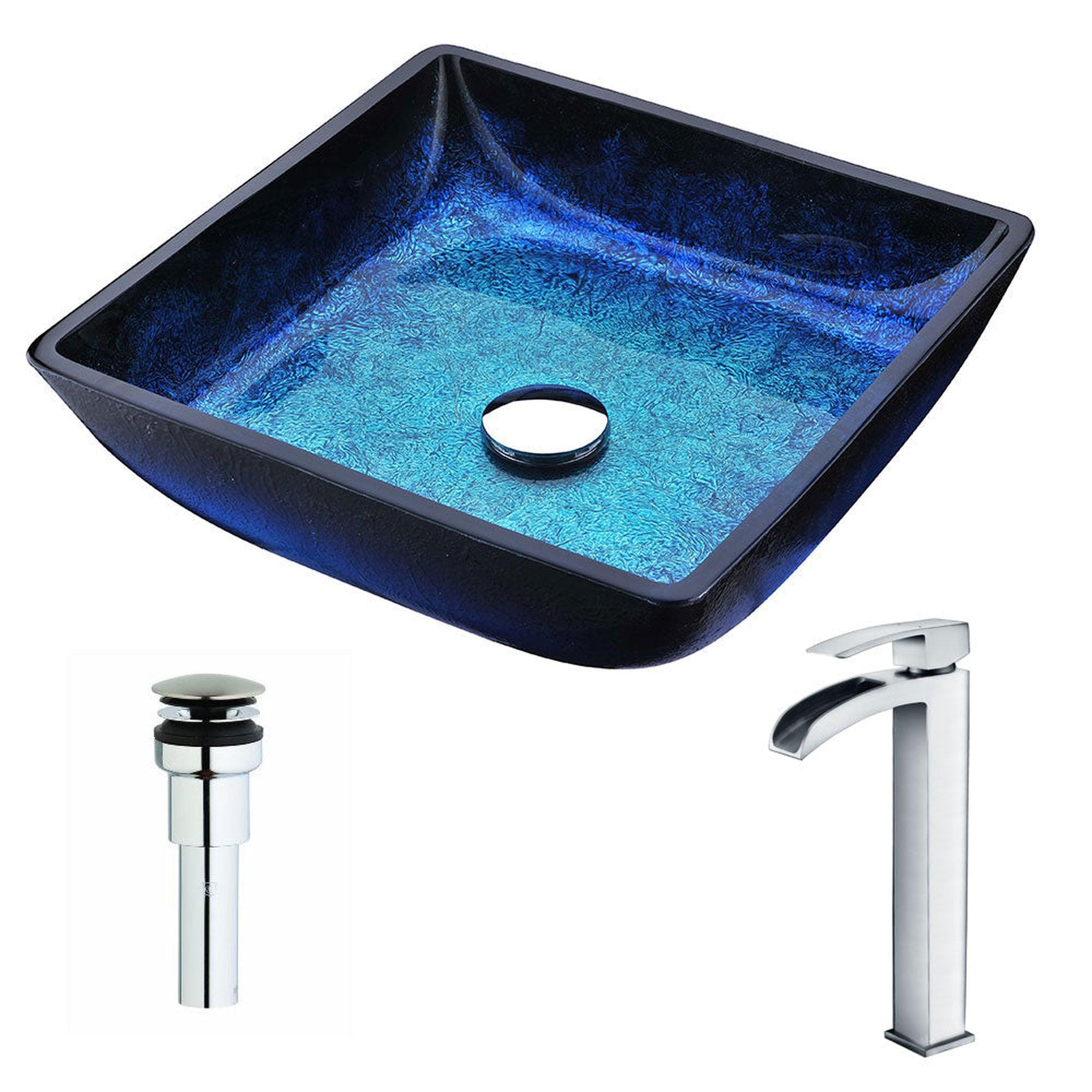 ANZZI, ANZZI Viace Series 15" x 15" Square Shaped Blazing Blue Deco-Glass Vessel Sink With Chrome Pop-Up Drain and Key Faucet