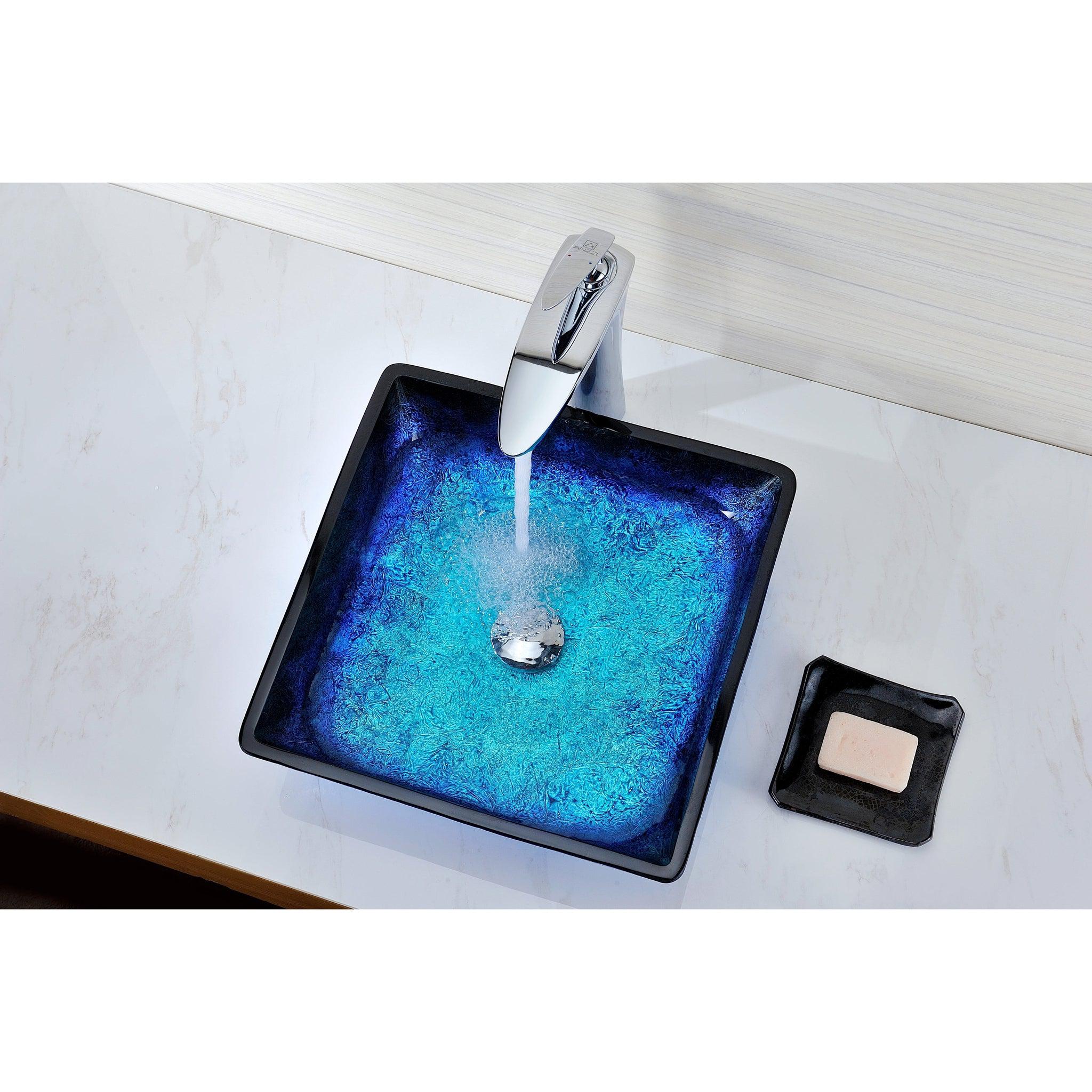 ANZZI, ANZZI Viace Series 15" x 15" Square Shaped Blazing Blue Deco-Glass Vessel Sink With Polished Chrome Pop-Up Drain