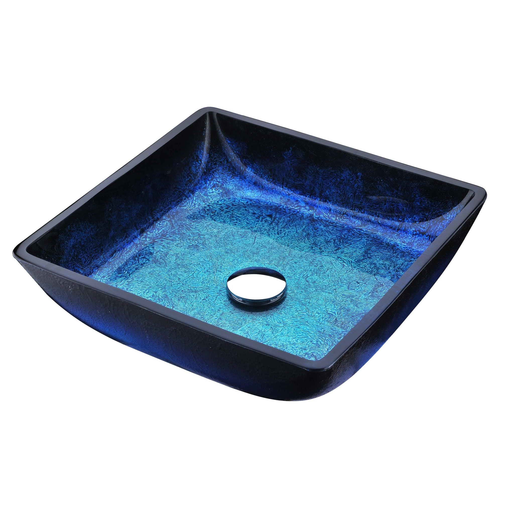 ANZZI, ANZZI Viace Series 15" x 15" Square Shaped Blazing Blue Deco-Glass Vessel Sink With Polished Chrome Pop-Up Drain