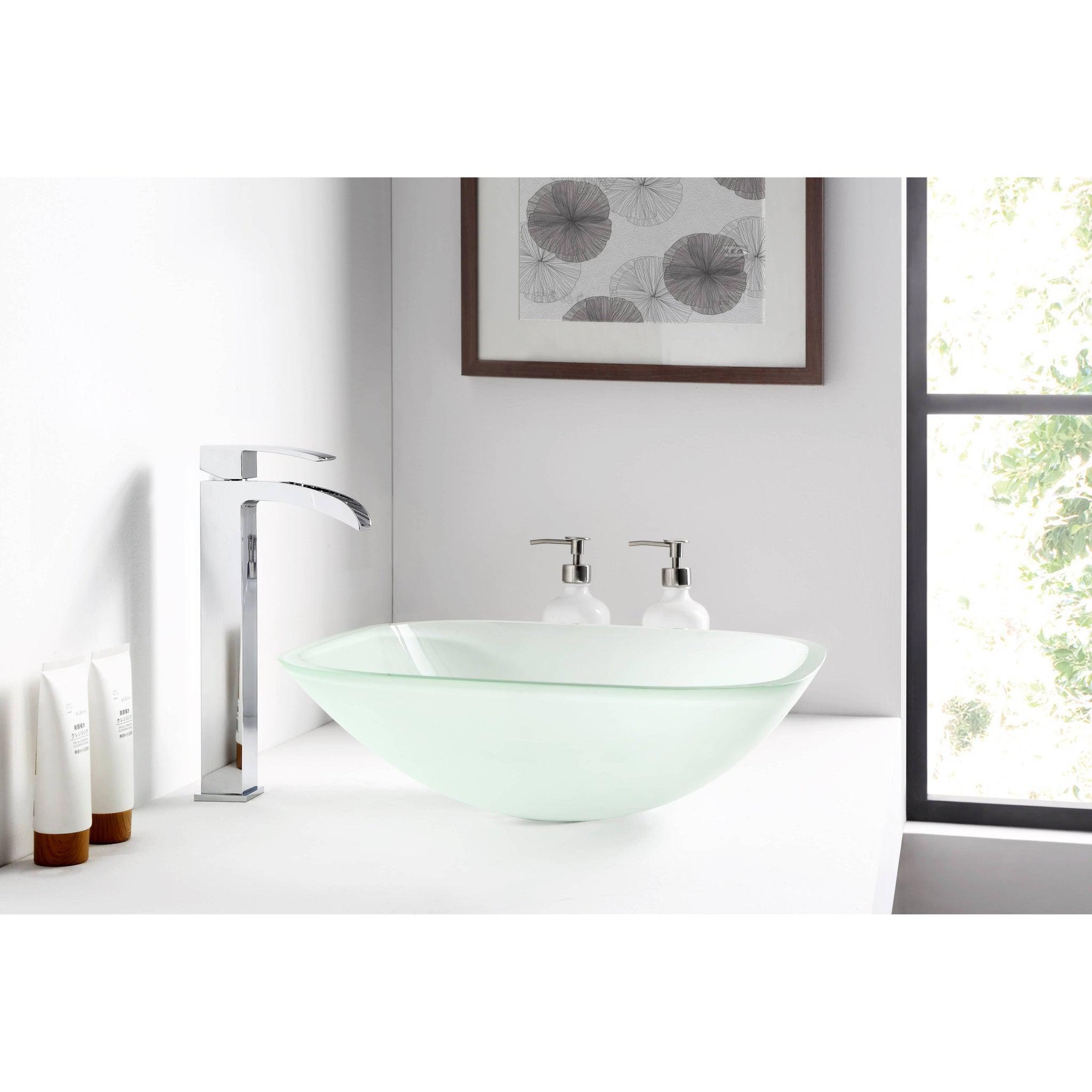 ANZZI, ANZZI Victor Series 17" x 17" Square Shaped Lustrous Frosted Deco-Glass Vessel Sink With Polished Chrome Pop-Up Drain