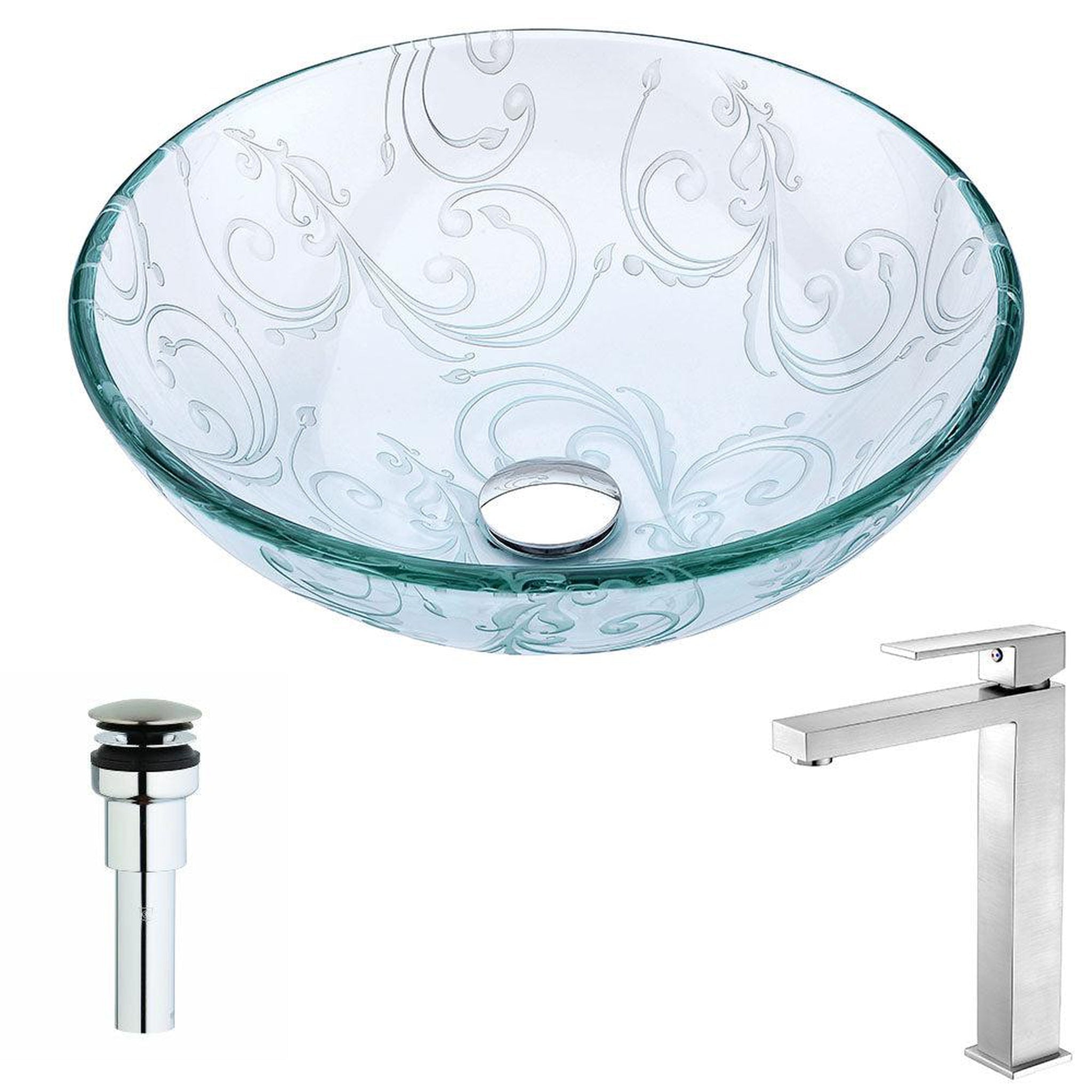 ANZZI, ANZZI Vieno Series 17" x 17" Round Crystal Clear Floral Deco-Glass Vessel Sink With Chrome Pop-Up Drain and Brushed Nickel Enti Faucet