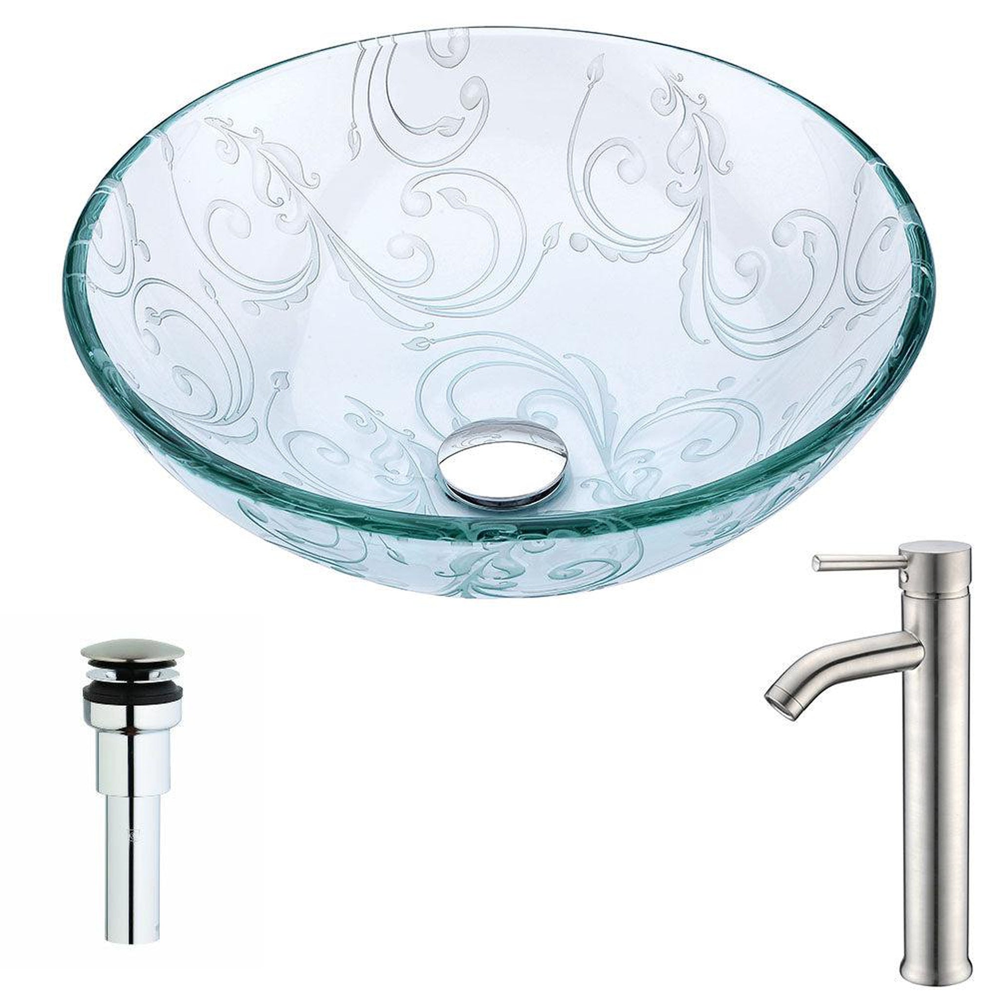 ANZZI, ANZZI Vieno Series 17" x 17" Round Crystal Clear Floral Deco-Glass Vessel Sink With Chrome Pop-Up Drain and Brushed Nickel Fann Faucet