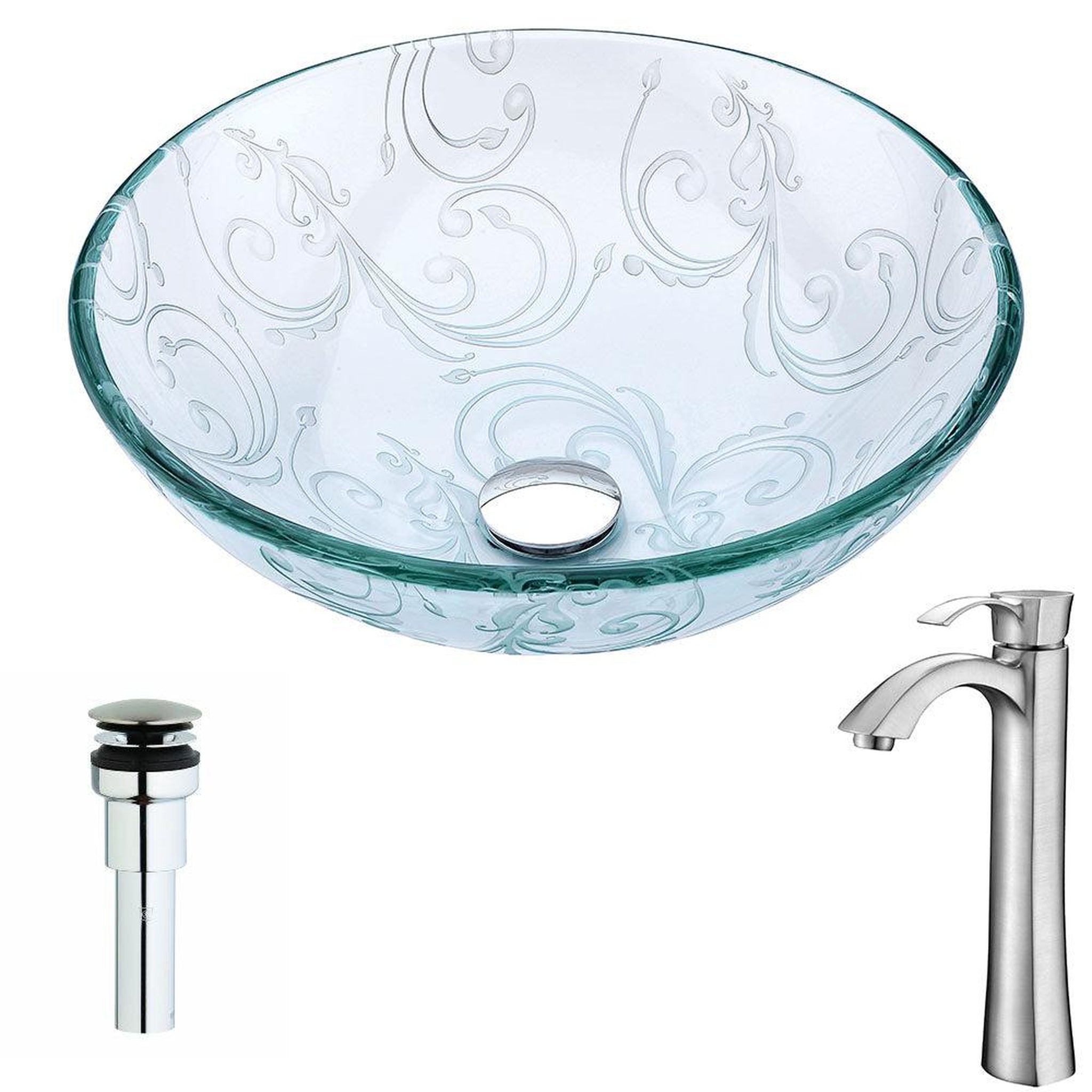 ANZZI, ANZZI Vieno Series 17" x 17" Round Crystal Clear Floral Deco-Glass Vessel Sink With Chrome Pop-Up Drain and Brushed Nickel Harmony Faucet