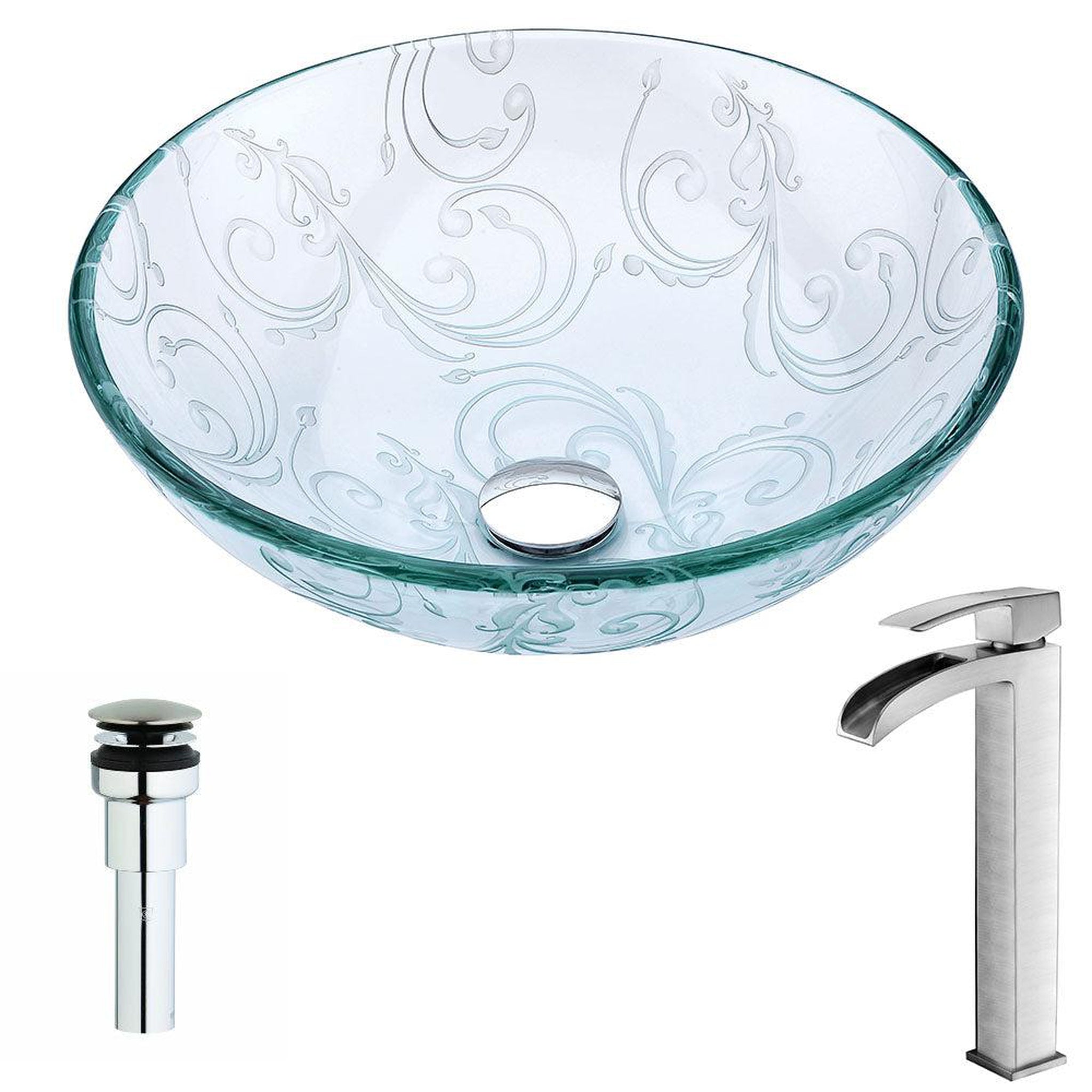 ANZZI, ANZZI Vieno Series 17" x 17" Round Crystal Clear Floral Deco-Glass Vessel Sink With Chrome Pop-Up Drain and Brushed Nickel Key Faucet