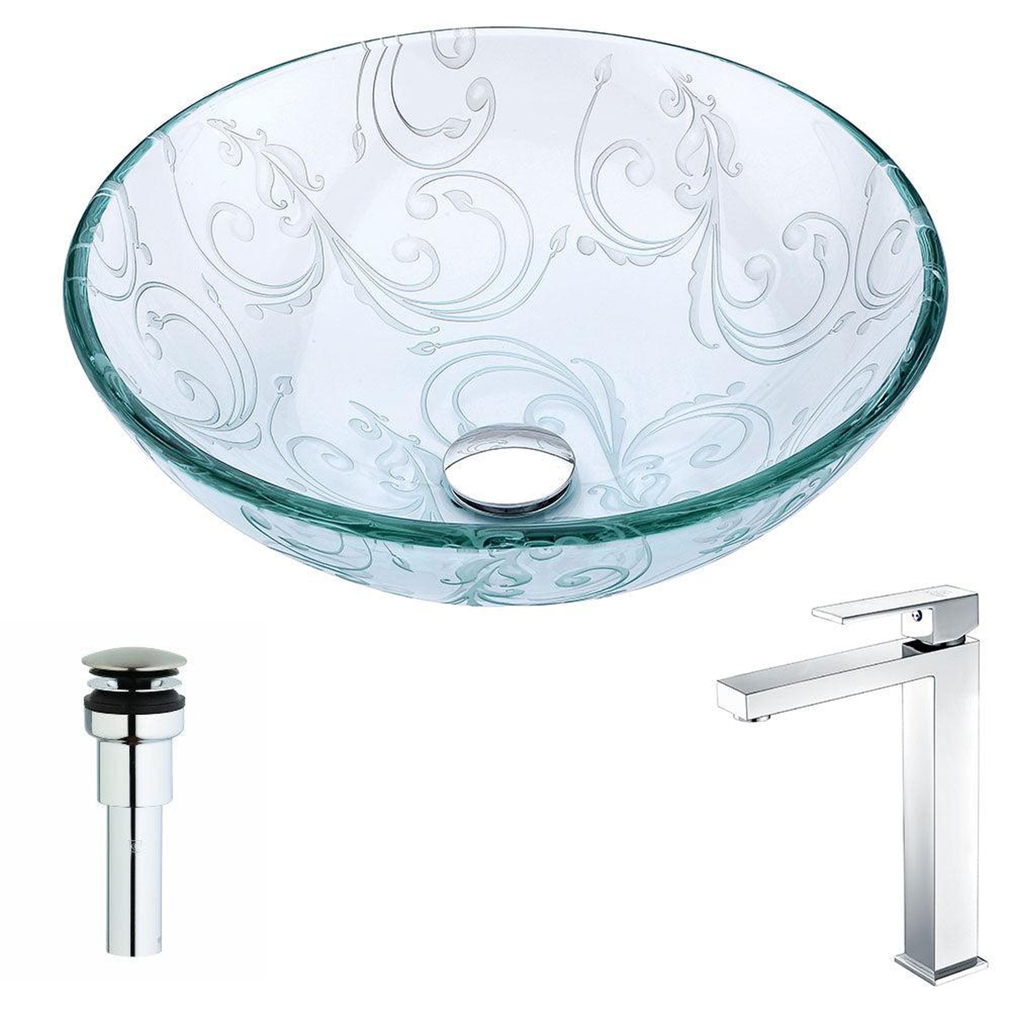 ANZZI, ANZZI Vieno Series 17" x 17" Round Crystal Clear Floral Deco-Glass Vessel Sink With Chrome Pop-Up Drain and Enti Faucet