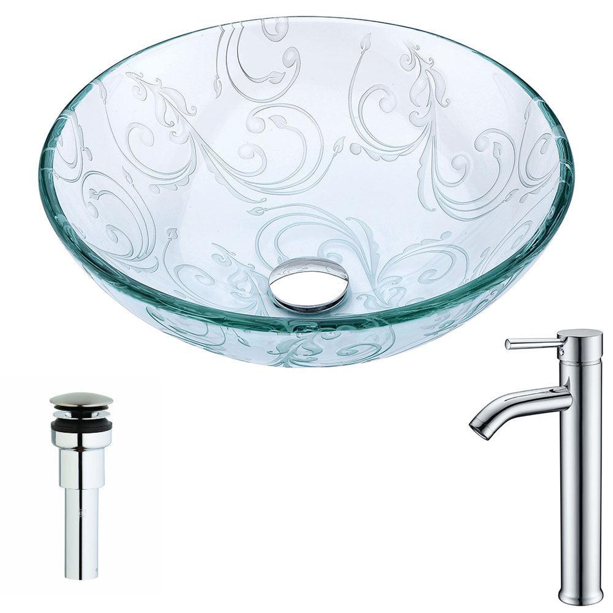 ANZZI, ANZZI Vieno Series 17" x 17" Round Crystal Clear Floral Deco-Glass Vessel Sink With Chrome Pop-Up Drain and Fann Faucet