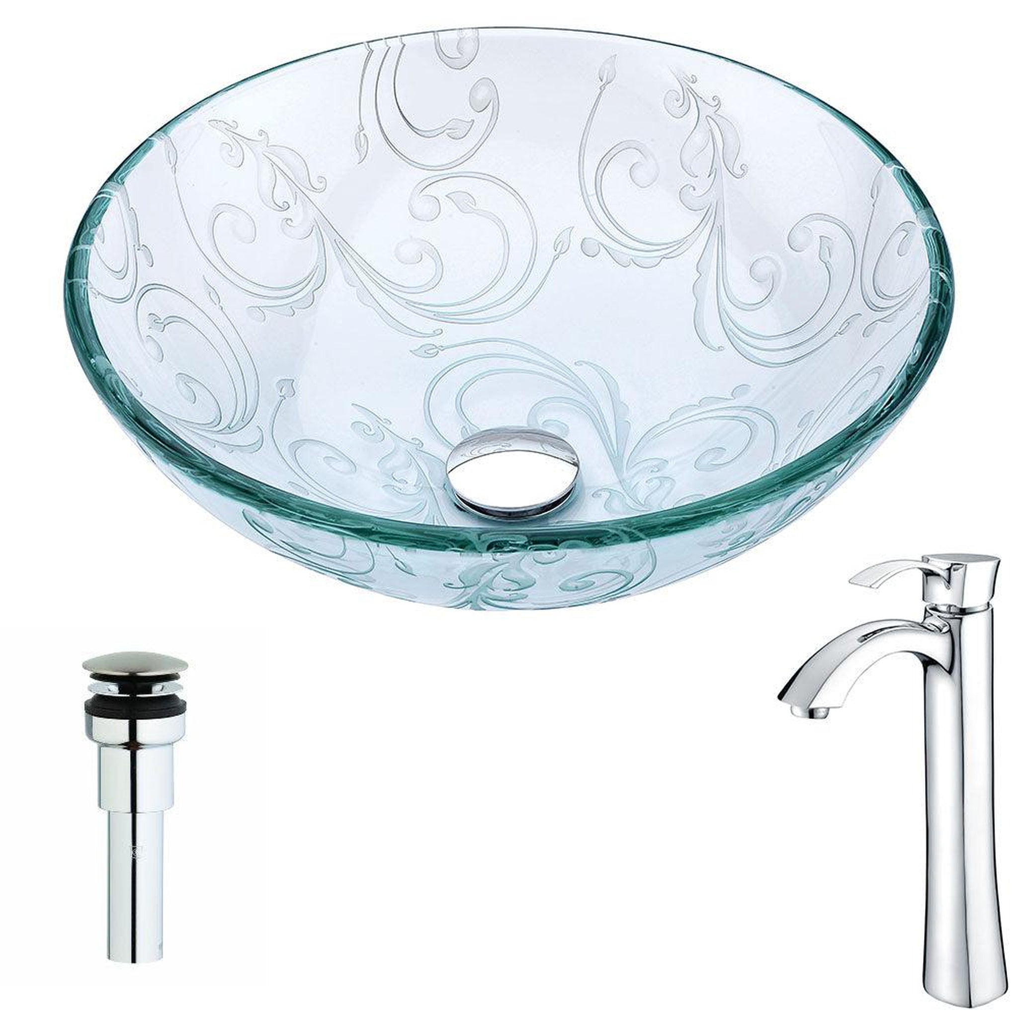 ANZZI, ANZZI Vieno Series 17" x 17" Round Crystal Clear Floral Deco-Glass Vessel Sink With Chrome Pop-Up Drain and Harmony Faucet