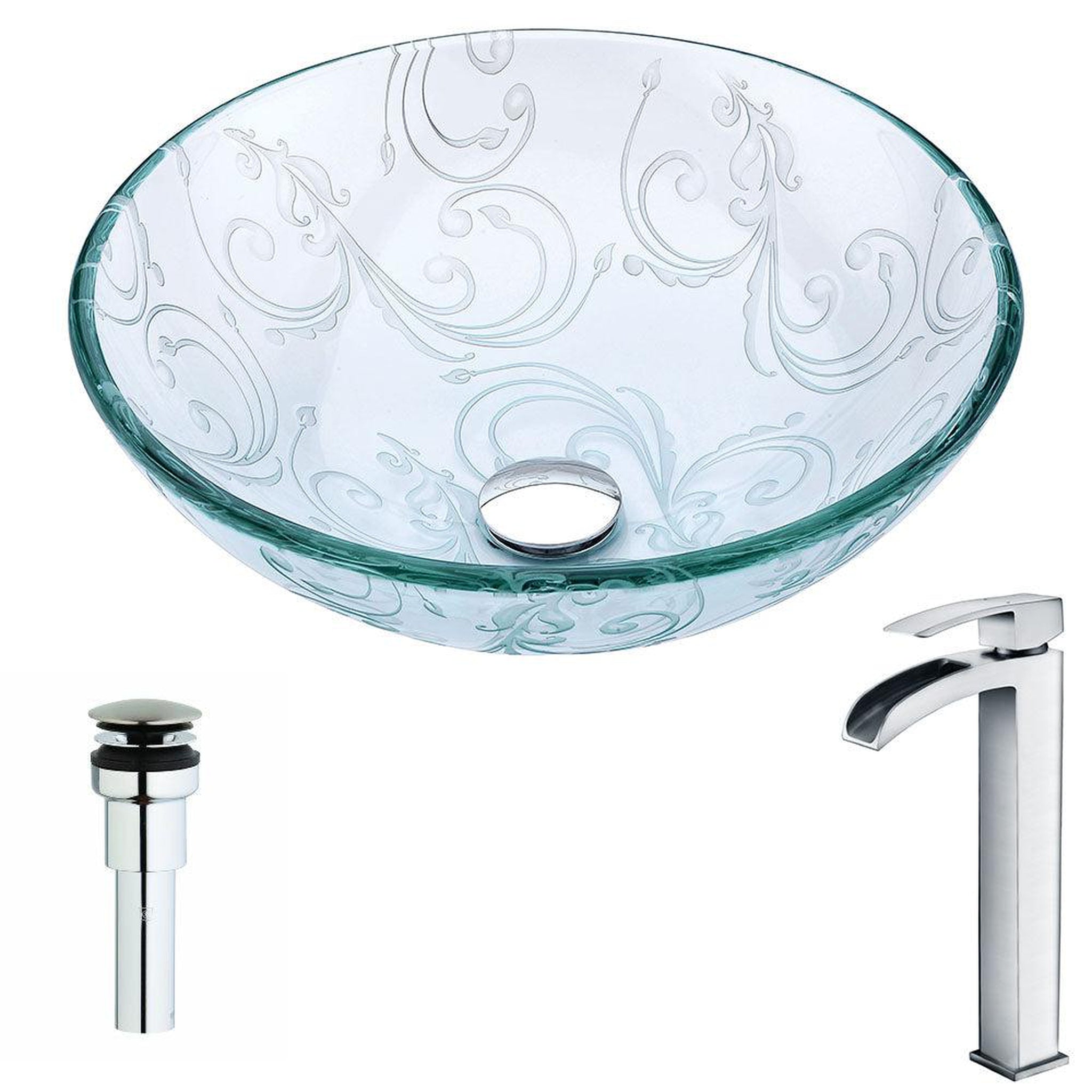 ANZZI, ANZZI Vieno Series 17" x 17" Round Crystal Clear Floral Deco-Glass Vessel Sink With Chrome Pop-Up Drain and Key Faucet