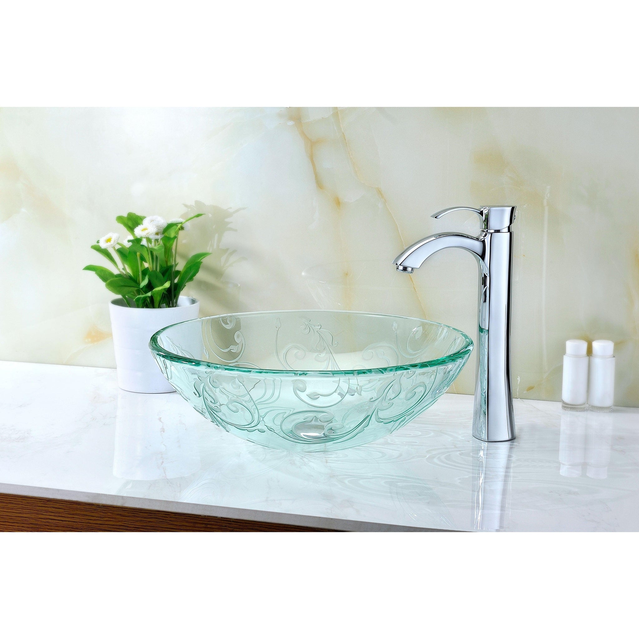 ANZZI, ANZZI Vieno Series 17" x 17" Round Crystal Clear Floral Deco-Glass Vessel Sink With Polished Chrome Pop-Up Drain