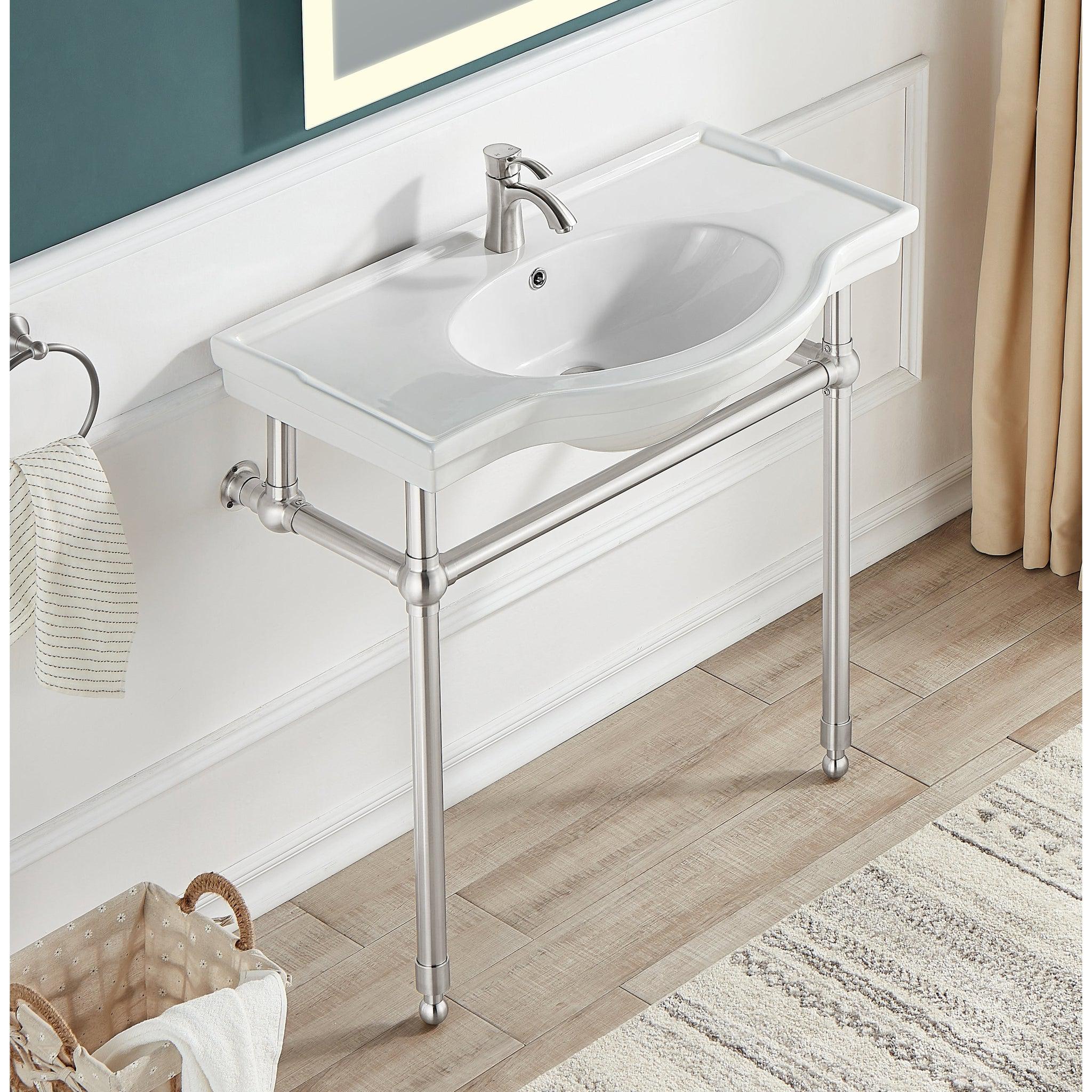 ANZZI, ANZZI Viola Series 35" x 34" White Ceramic Console Sink With Brushed Nickel Stainless Steel Stand Legs