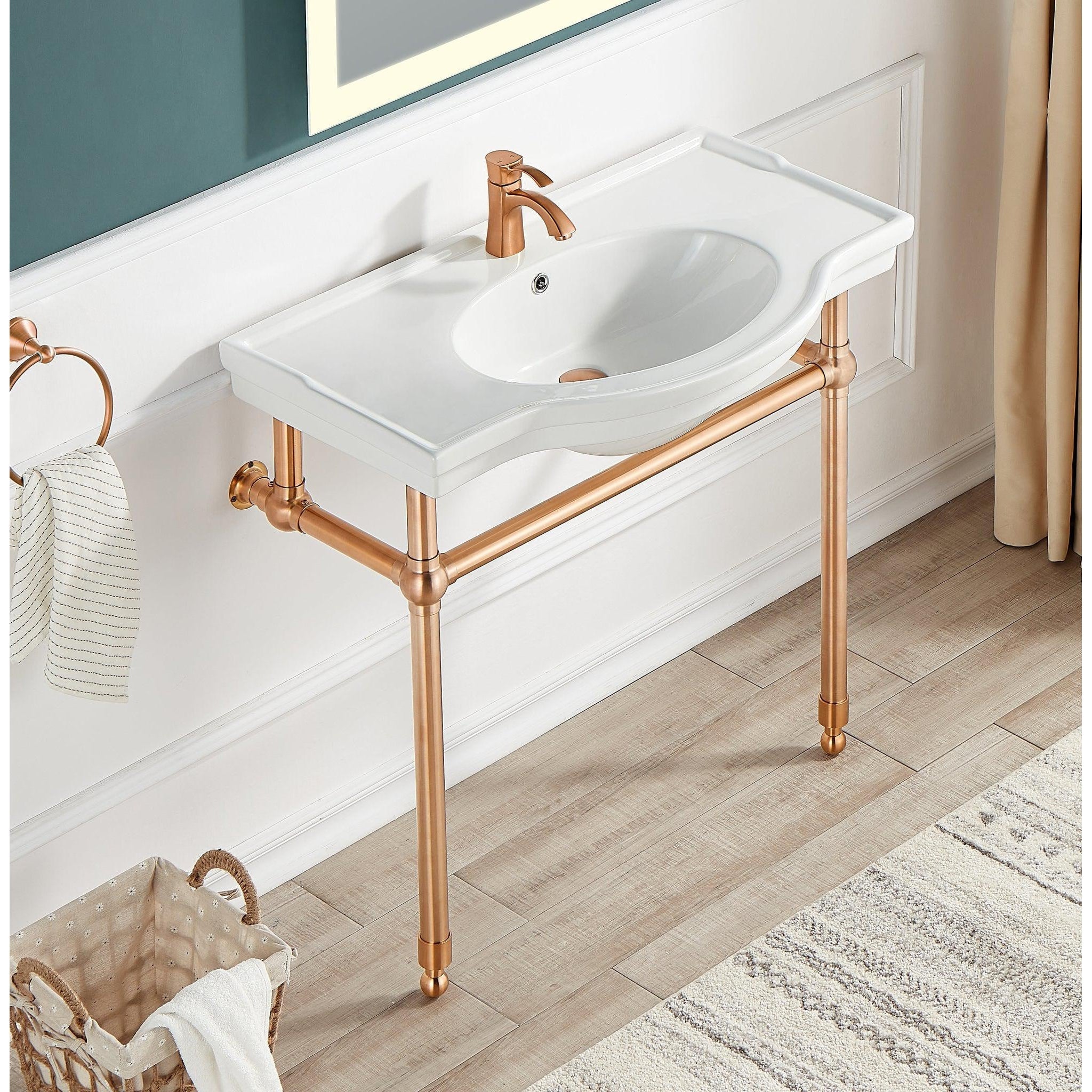 ANZZI, ANZZI Viola Series 35" x 34" White Ceramic Console Sink With Rose Gold Stainless Steel Stand Legs