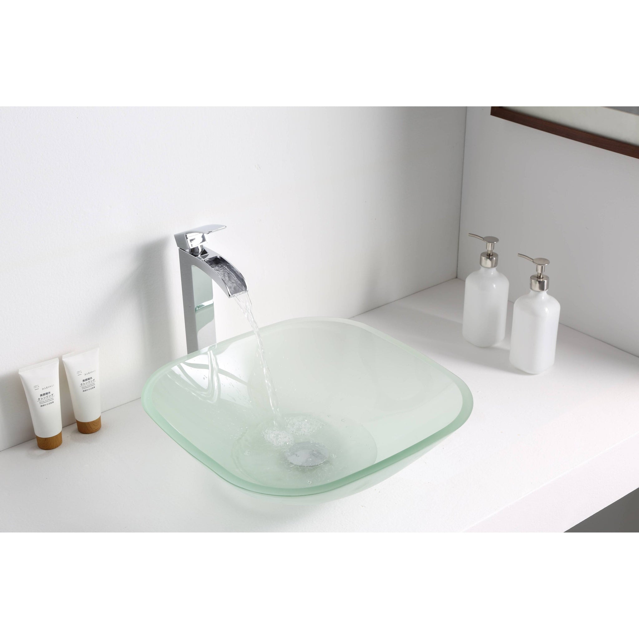 ANZZI, ANZZI Vista Series 17" x 17" Square Shape Lustrous Frosted Deco-Glass Vessel Sink With Polished Chrome Pop-Up Drain