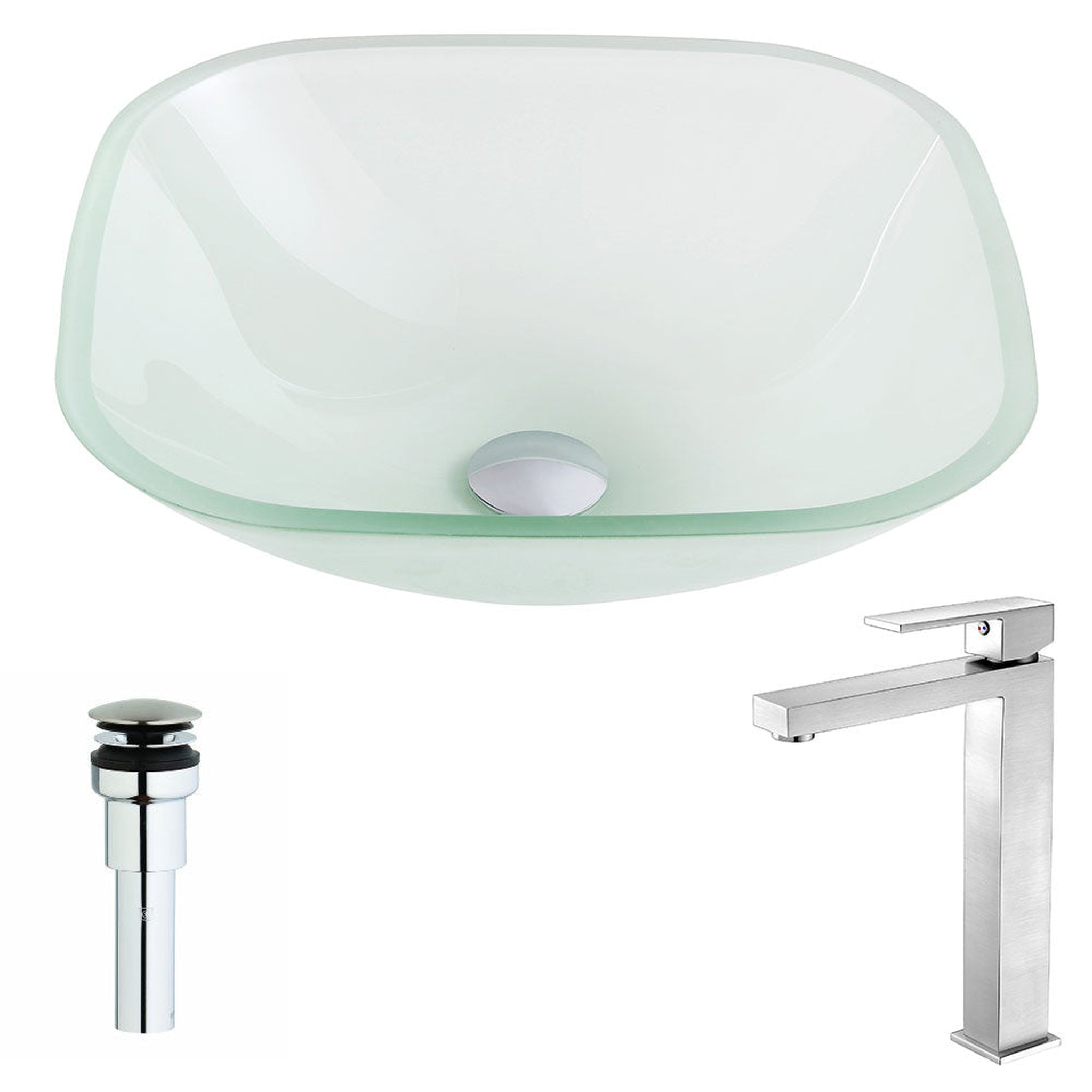 ANZZI, ANZZI Vista Series 17" x 17" Square Shape Lustrous Frosted Deco-Glass Vessel Sink With Polished Chrome Pop-Up Drain and Brushed Nickel Enti Faucet