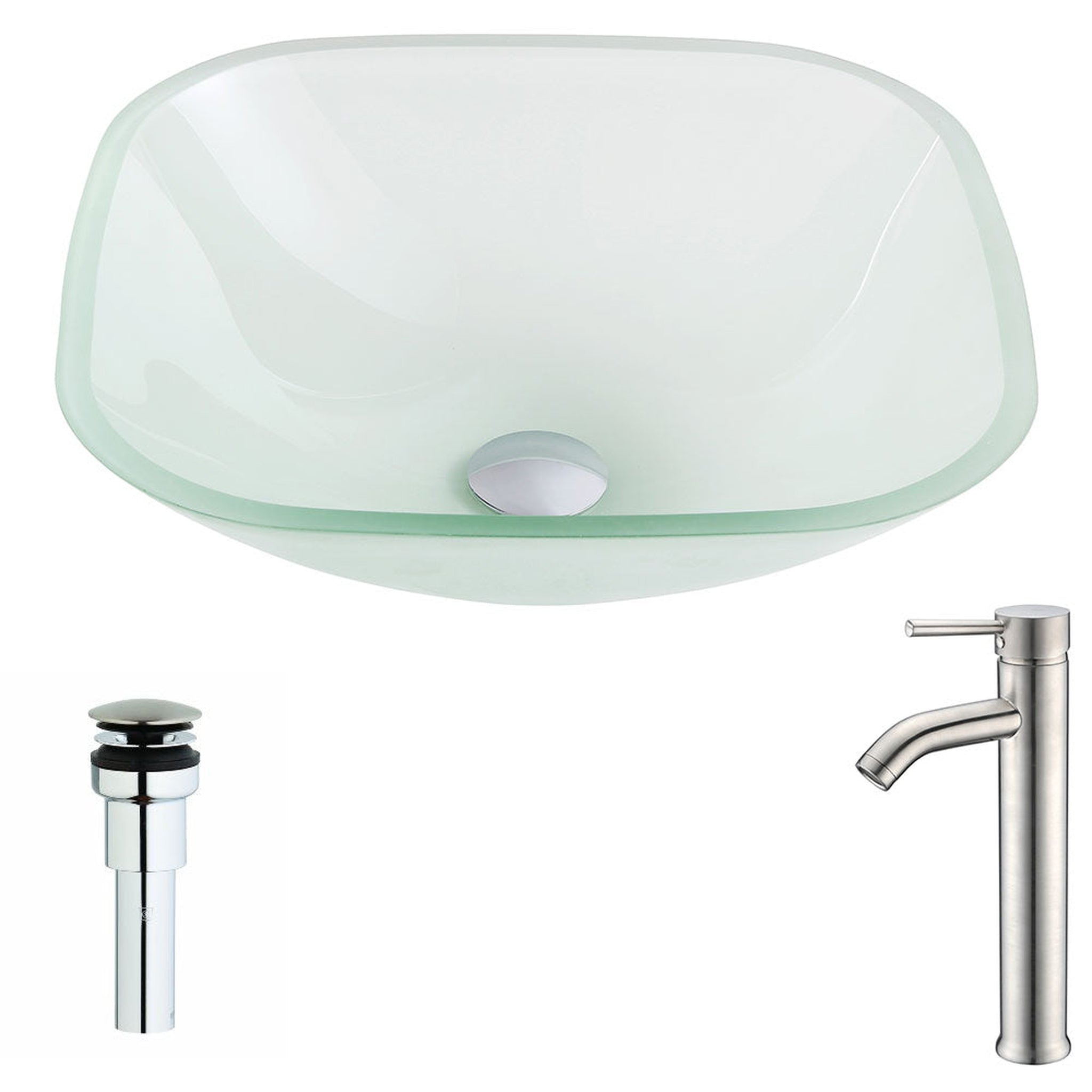 ANZZI, ANZZI Vista Series 17" x 17" Square Shape Lustrous Frosted Deco-Glass Vessel Sink With Polished Chrome Pop-Up Drain and Brushed Nickel Fann Faucet