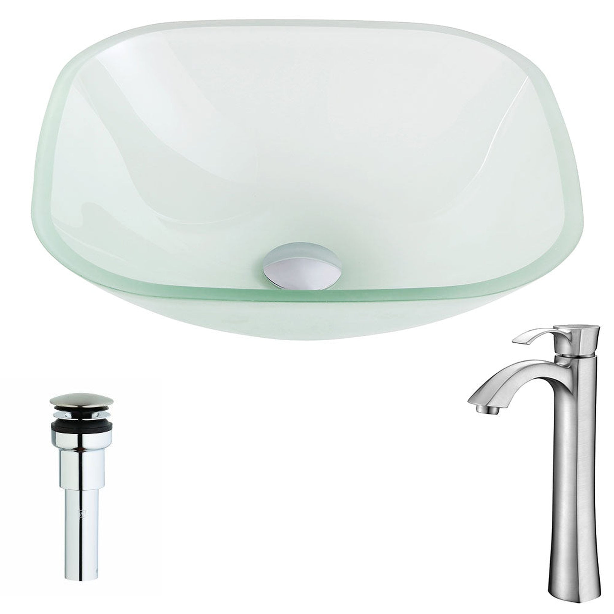 ANZZI, ANZZI Vista Series 17" x 17" Square Shape Lustrous Frosted Deco-Glass Vessel Sink With Polished Chrome Pop-Up Drain and Brushed Nickel Harmony Faucet