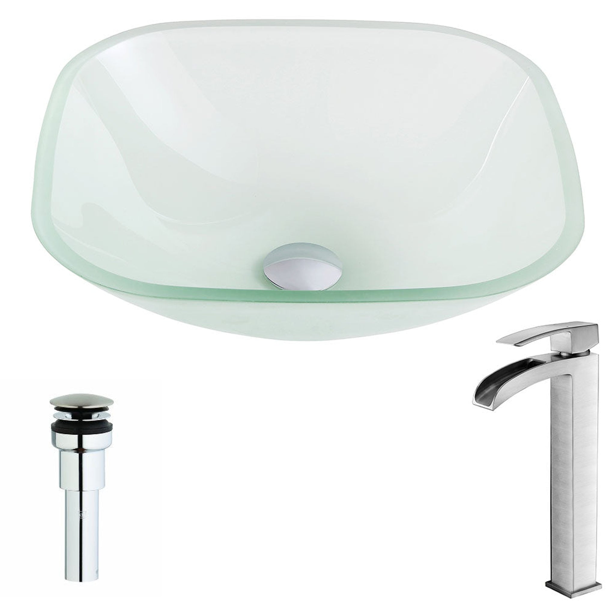 ANZZI, ANZZI Vista Series 17" x 17" Square Shape Lustrous Frosted Deco-Glass Vessel Sink With Polished Chrome Pop-Up Drain and Brushed Nickel Key Faucet