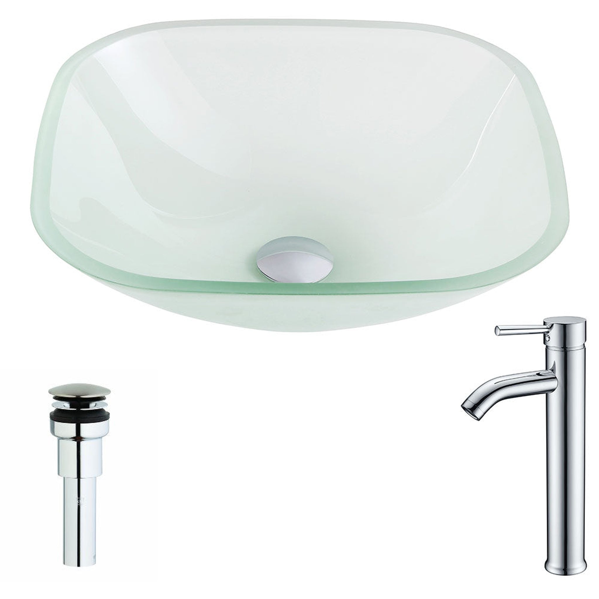 ANZZI, ANZZI Vista Series 17" x 17" Square Shape Lustrous Frosted Deco-Glass Vessel Sink With Polished Chrome Pop-Up Drain and Fann Faucet