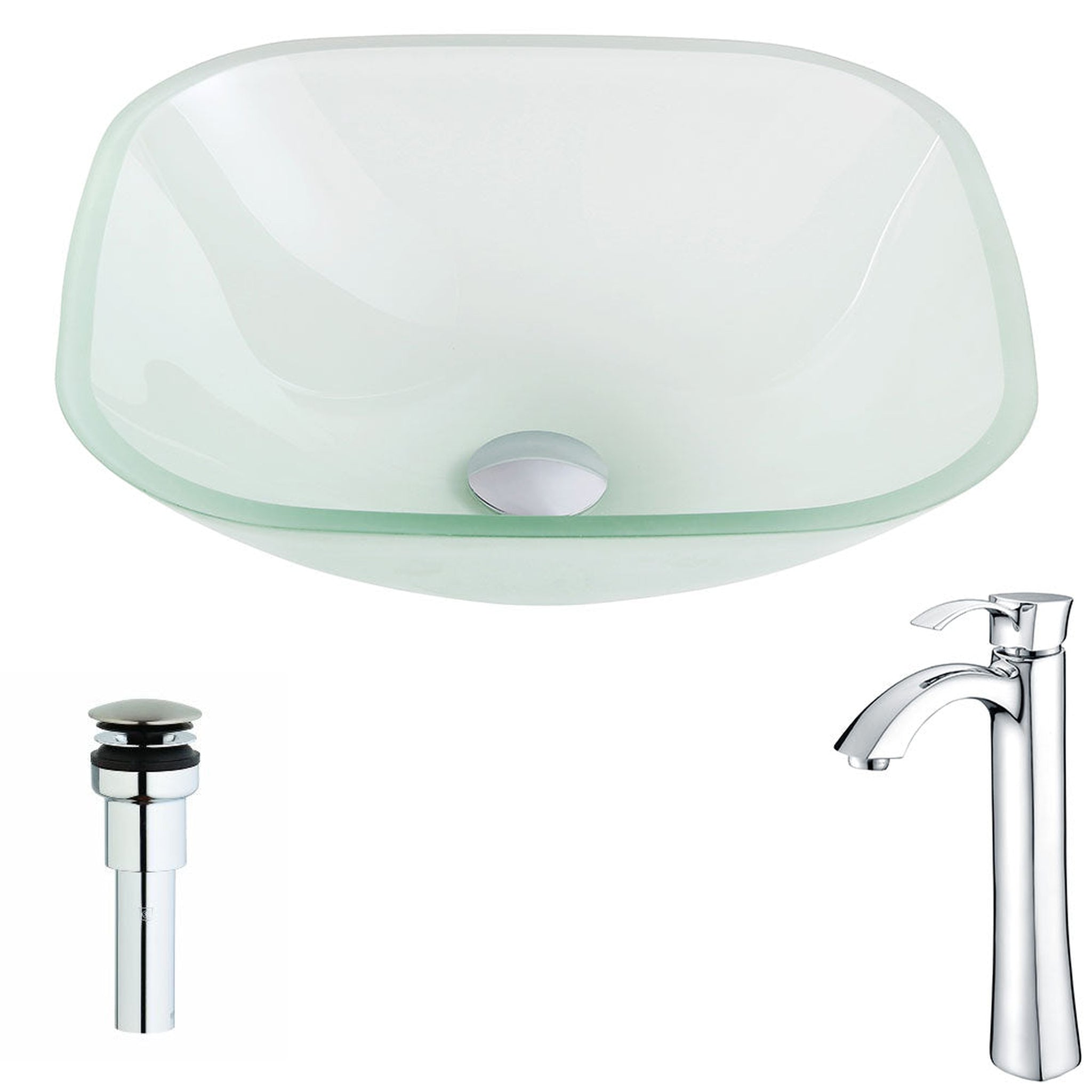 ANZZI, ANZZI Vista Series 17" x 17" Square Shape Lustrous Frosted Deco-Glass Vessel Sink With Polished Chrome Pop-Up Drain and Harmony Faucet