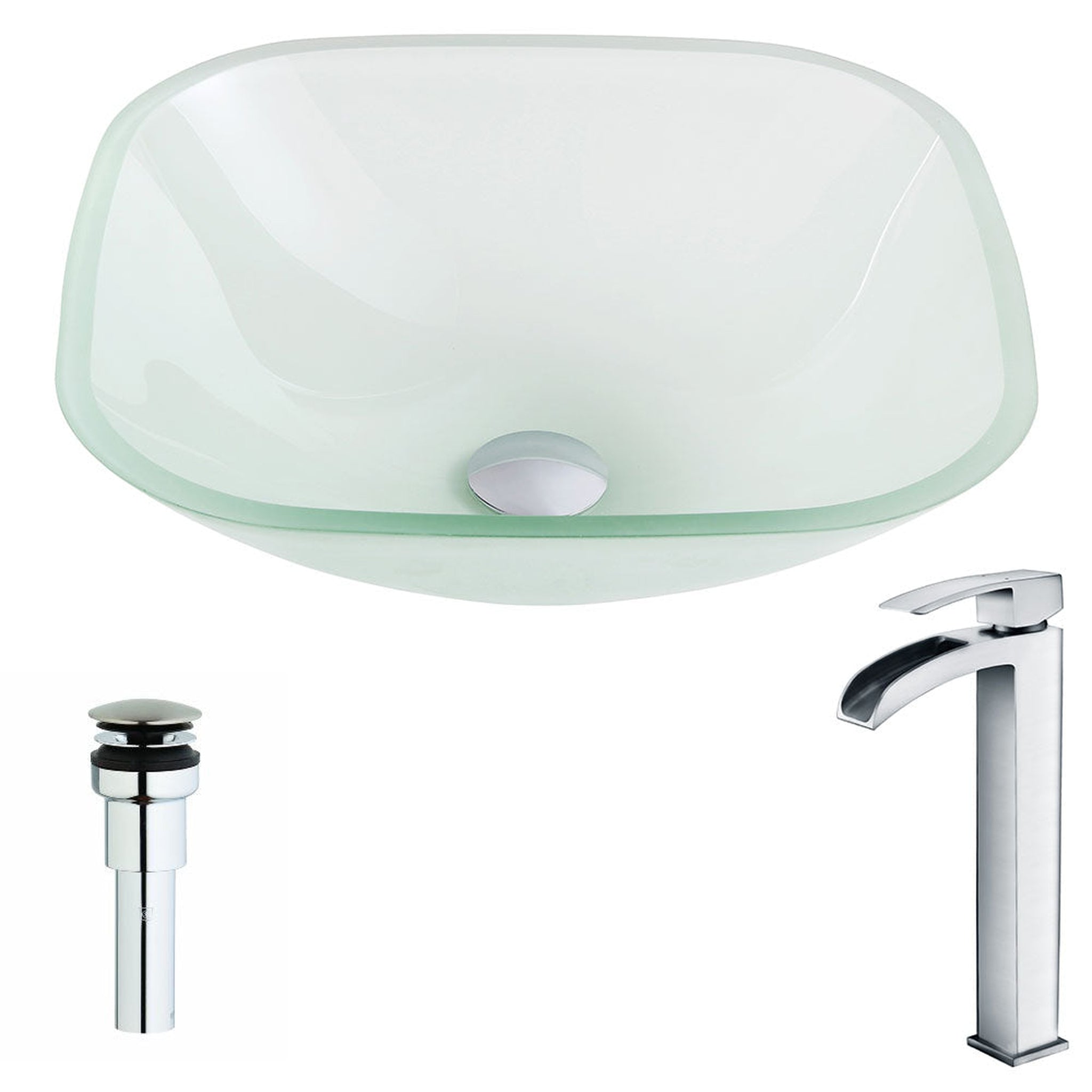 ANZZI, ANZZI Vista Series 17" x 17" Square Shape Lustrous Frosted Deco-Glass Vessel Sink With Polished Chrome Pop-Up Drain and Key Faucet