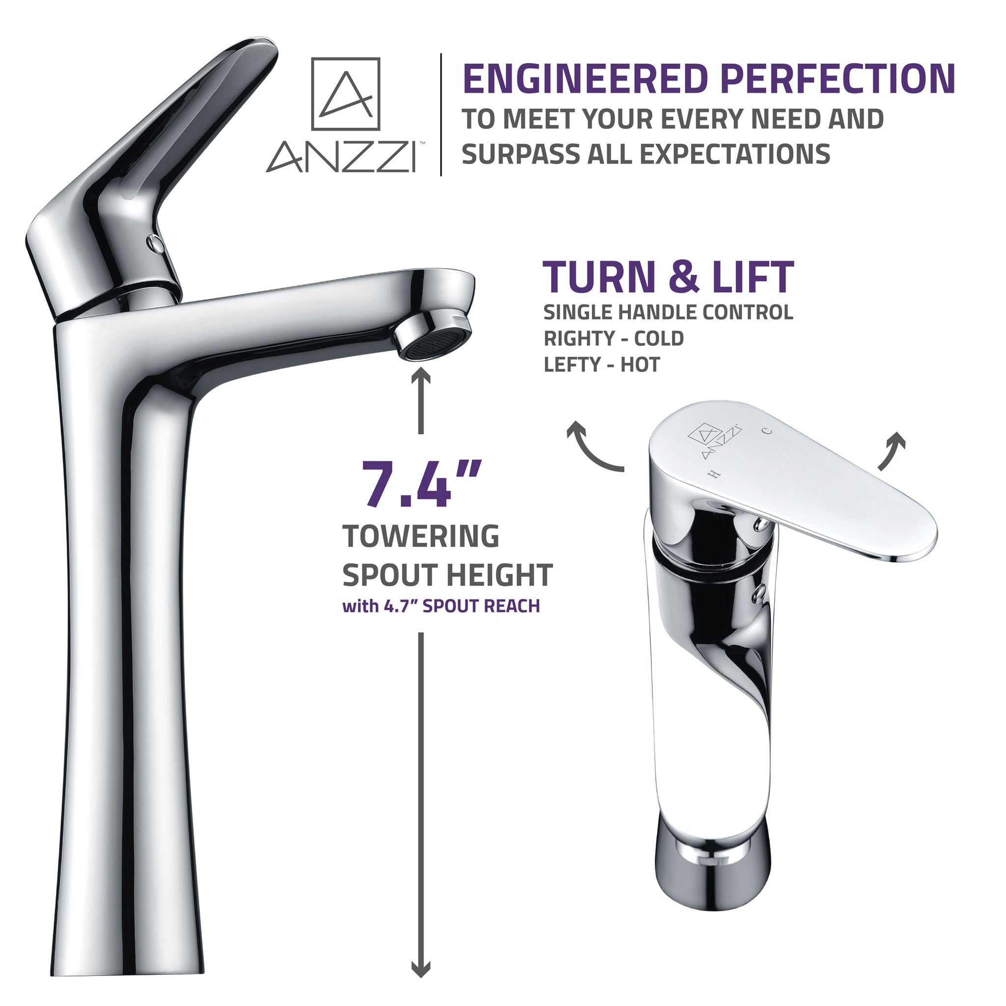 ANZZI, ANZZI Vivace Series 7" Single Hole Polished Chrome Bathroom Sink Faucet