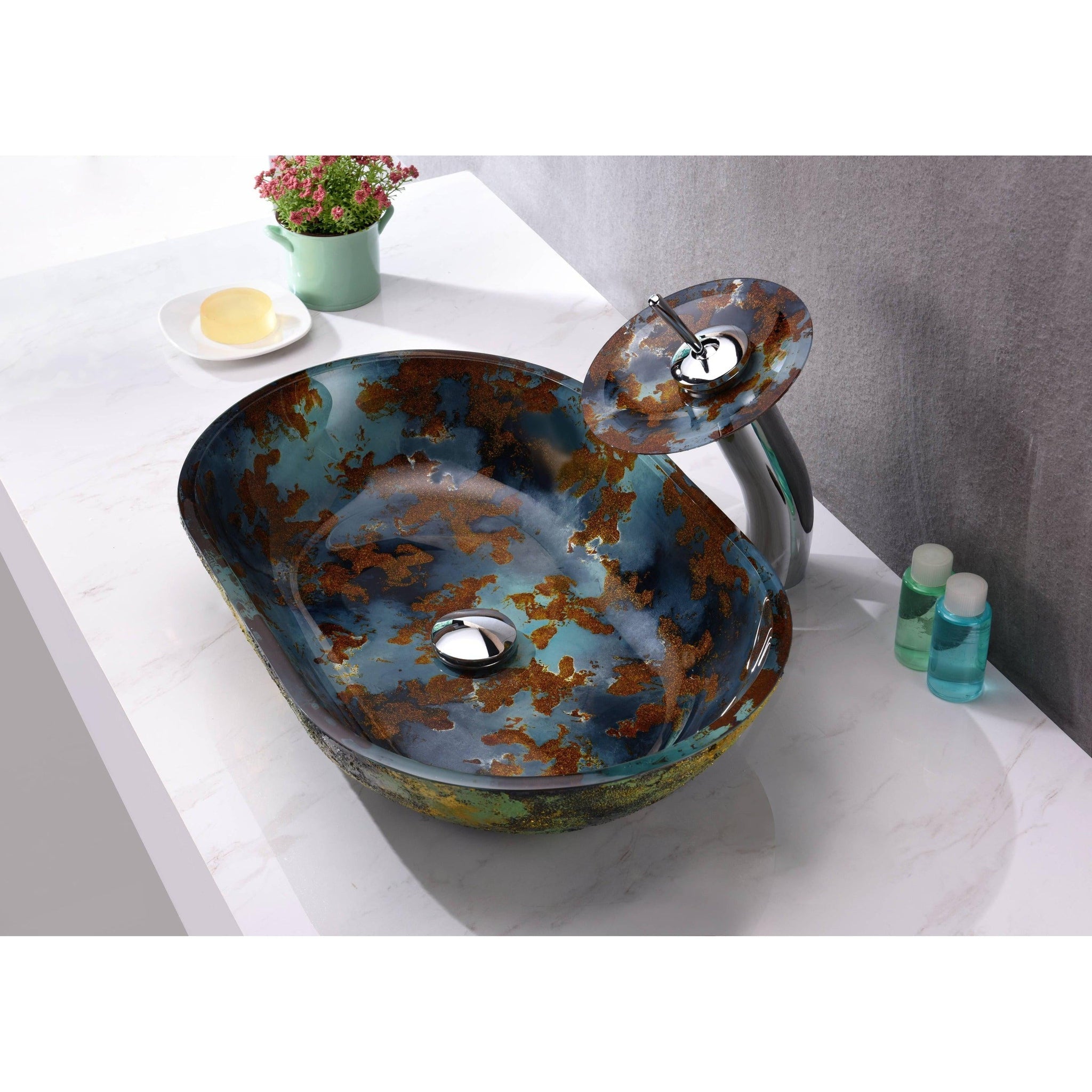 ANZZI, ANZZI Voce Series 22" x 14" Oval Shaped Impasto Blue Deco-Glass Vessel Sink With Polished Chrome Pop-Up Drain