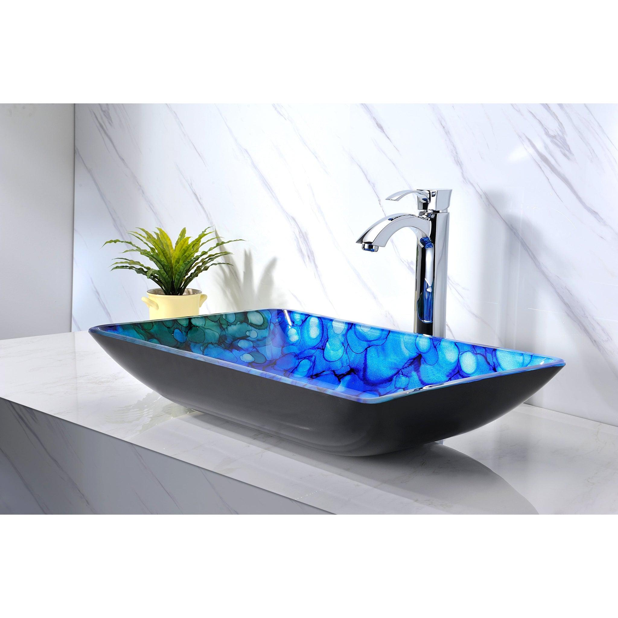 ANZZI, ANZZI Voce Series 23" x 15" Rectangular Lustrous Blue Deco-Glass Vessel Sink With Polished Chrome Pop-Up Drain