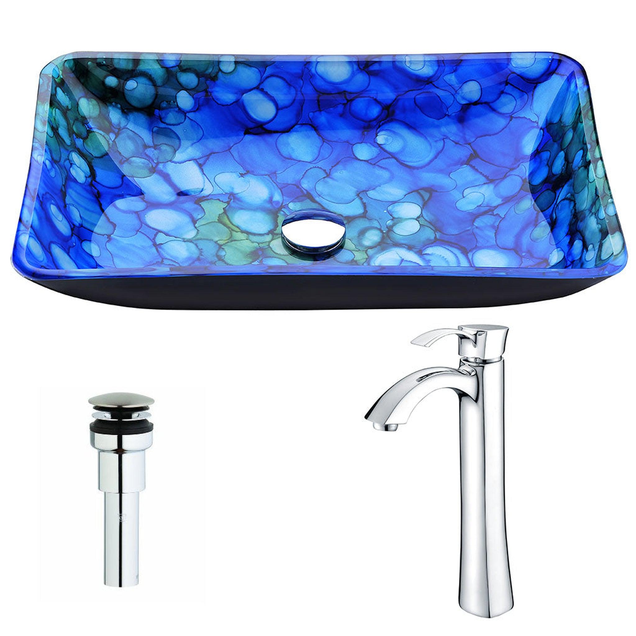 ANZZI, ANZZI Voce Series 23" x 15" Rectangular Lustrous Blue Deco-Glass Vessel Sink With Polished Chrome Pop-Up Drain and Brushed Nickel Harmony Faucet