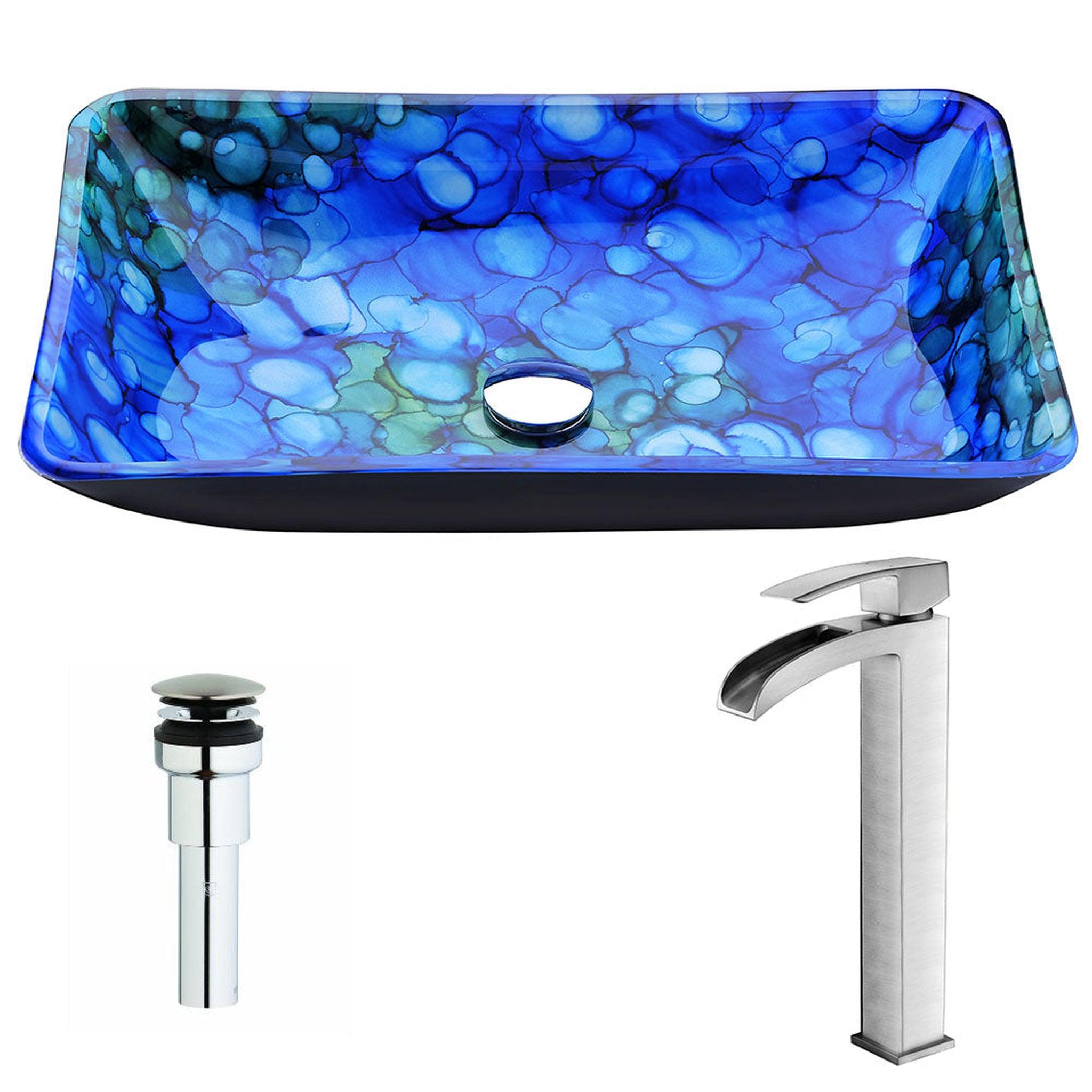 ANZZI, ANZZI Voce Series 23" x 15" Rectangular Lustrous Blue Deco-Glass Vessel Sink With Polished Chrome Pop-Up Drain and Brushed Nickel Key Faucet