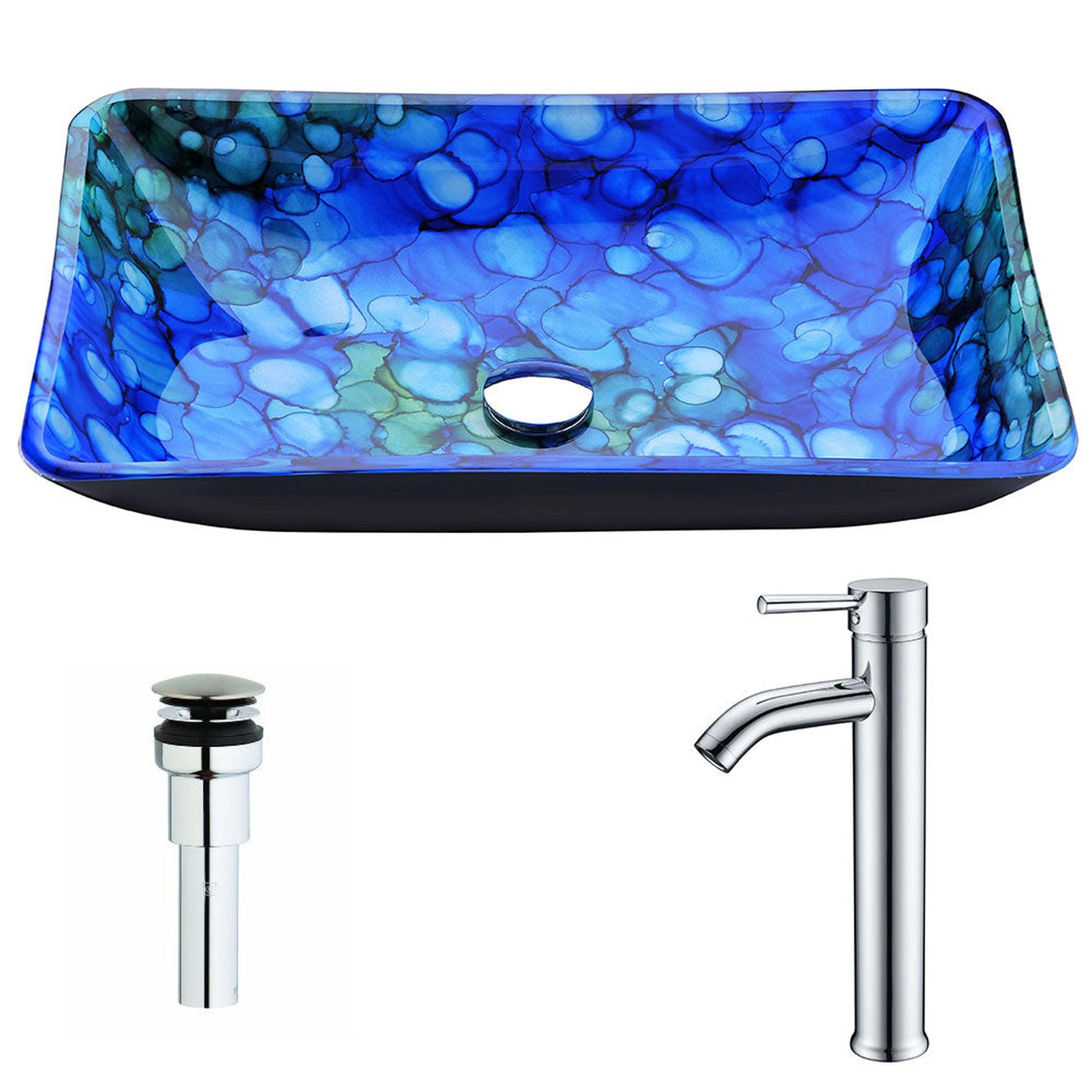 ANZZI, ANZZI Voce Series 23" x 15" Rectangular Lustrous Blue Deco-Glass Vessel Sink With Polished Chrome Pop-Up Drain and Fann Faucet