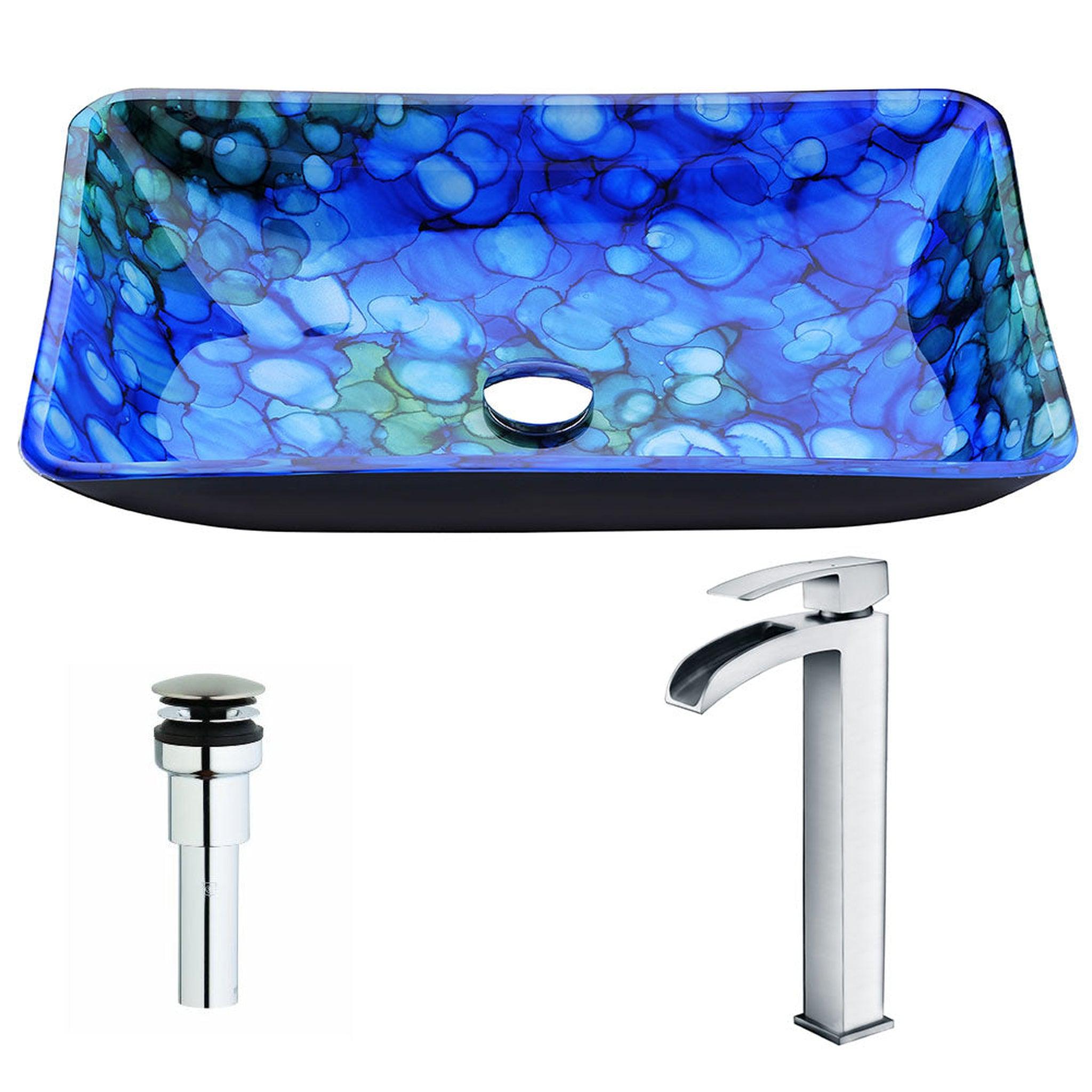 ANZZI, ANZZI Voce Series 23" x 15" Rectangular Lustrous Blue Deco-Glass Vessel Sink With Polished Chrome Pop-Up Drain and Key Faucet