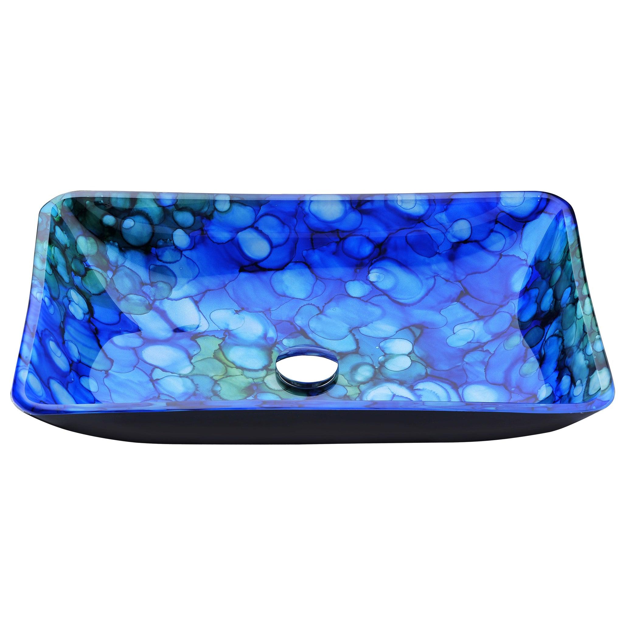 ANZZI, ANZZI Voce Series 23" x 15" Rectangular Lustrous Blue Deco-Glass Vessel Sink With Polished Chrome Pop-Up Drain