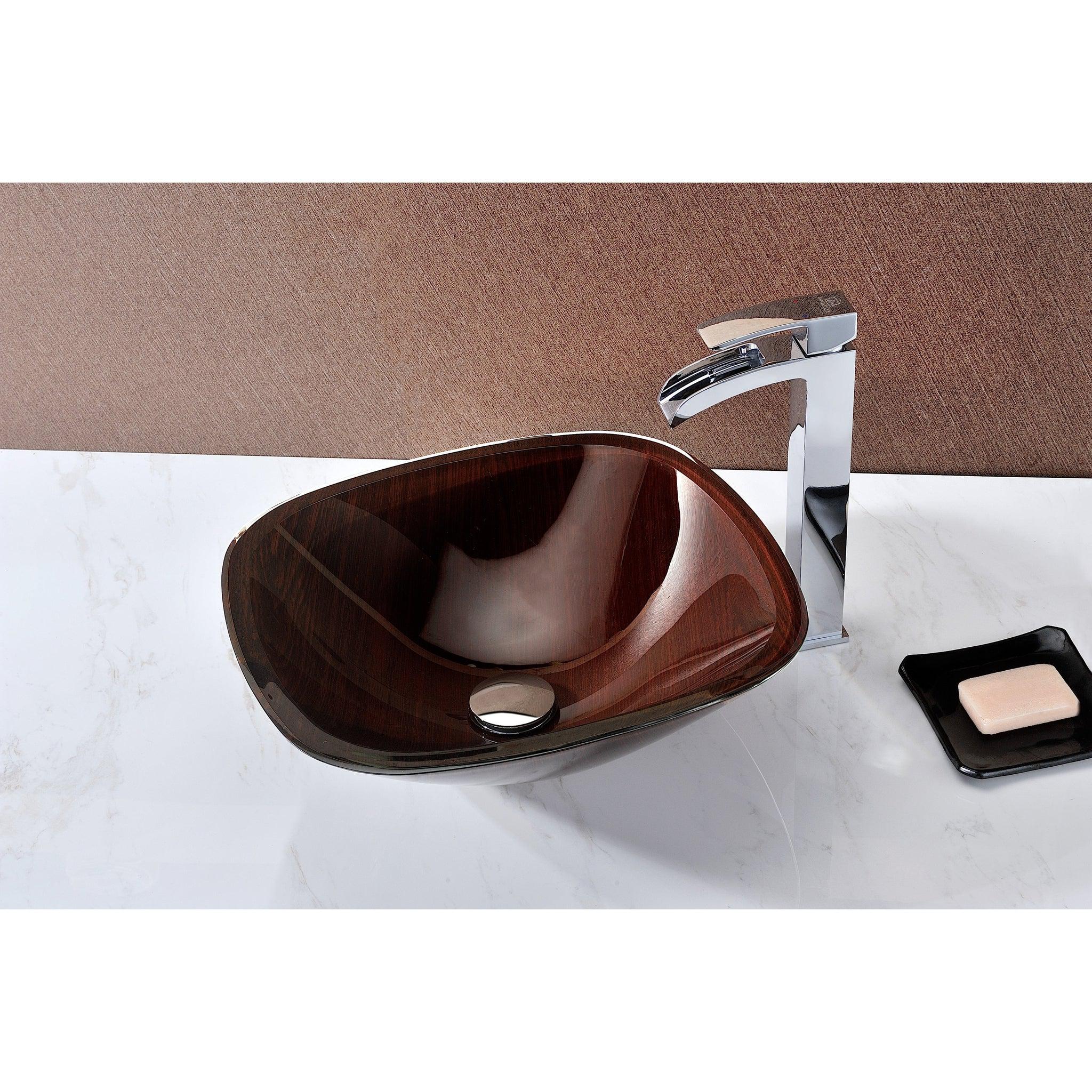 ANZZI, ANZZI Vonu Series 16" x 16" Square Shaped Rich Timber Deco-Glass Vessel Sink With Polished Chrome Pop-Up Drain