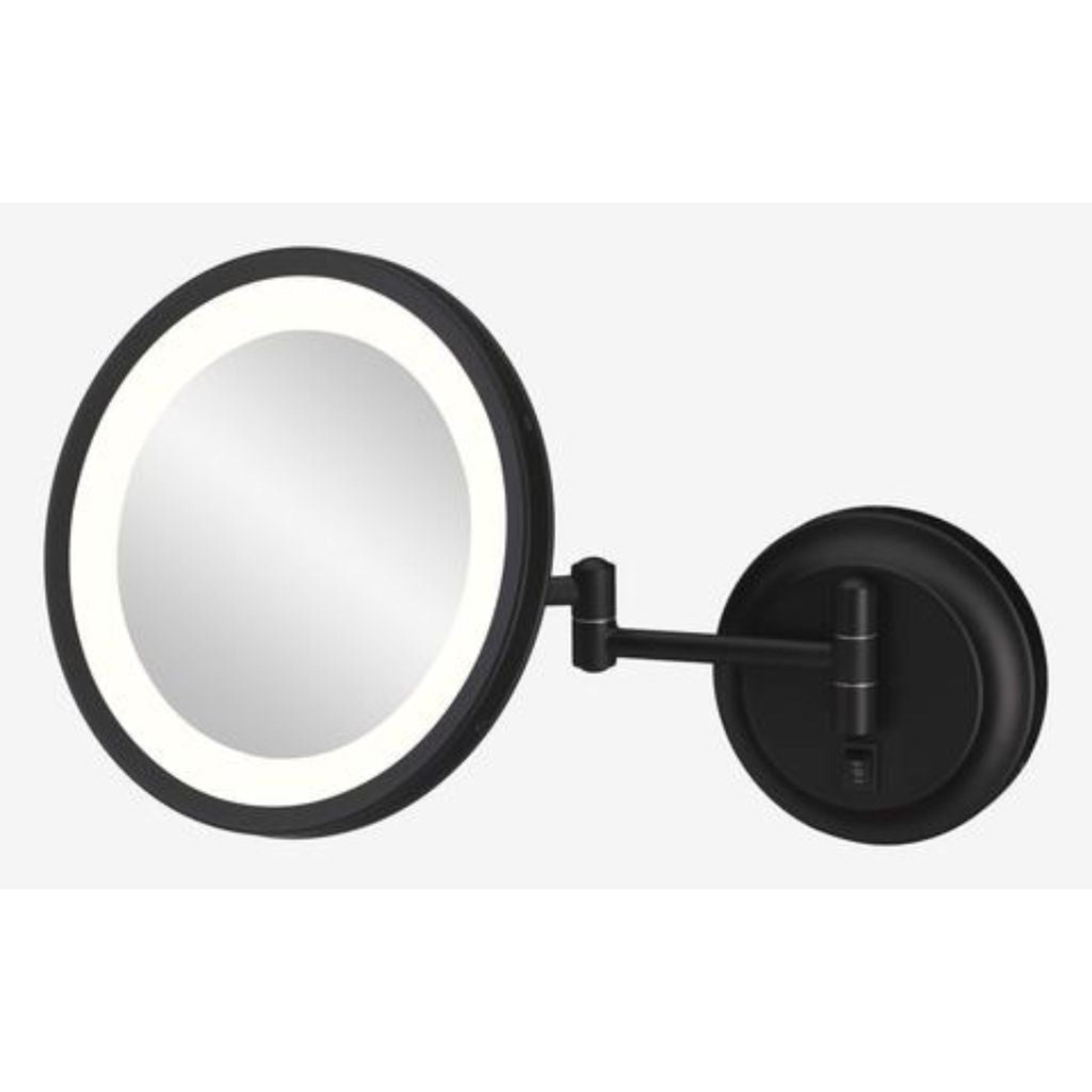 Aptations, Aptations Kimball & Young 10" x 10" Matte Black Wall-Mounted Round Single Sided Hardwired 5X Magnified Makeup Mirror With Switchable 3,500K Warm White and 5,500K Cool White LED Light Color