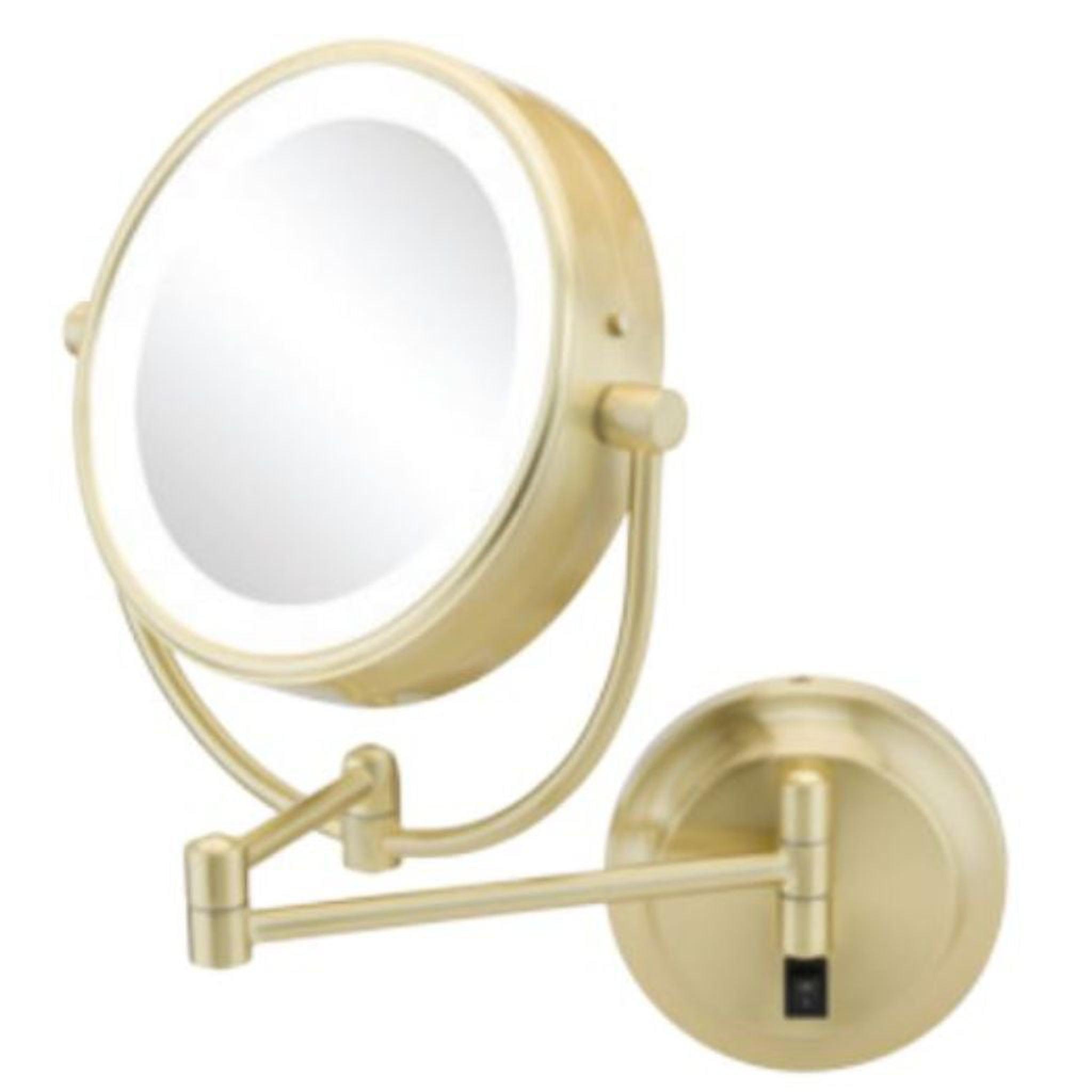 Aptations, Aptations Kimball & Young 12" x 14" Brushed Brass Wall-Mounted NeoModern Hardwired 1X/5X Magnified Makeup Mirror With Switchable 3,500K Warm White and 5,500K Cool White LED Light Color