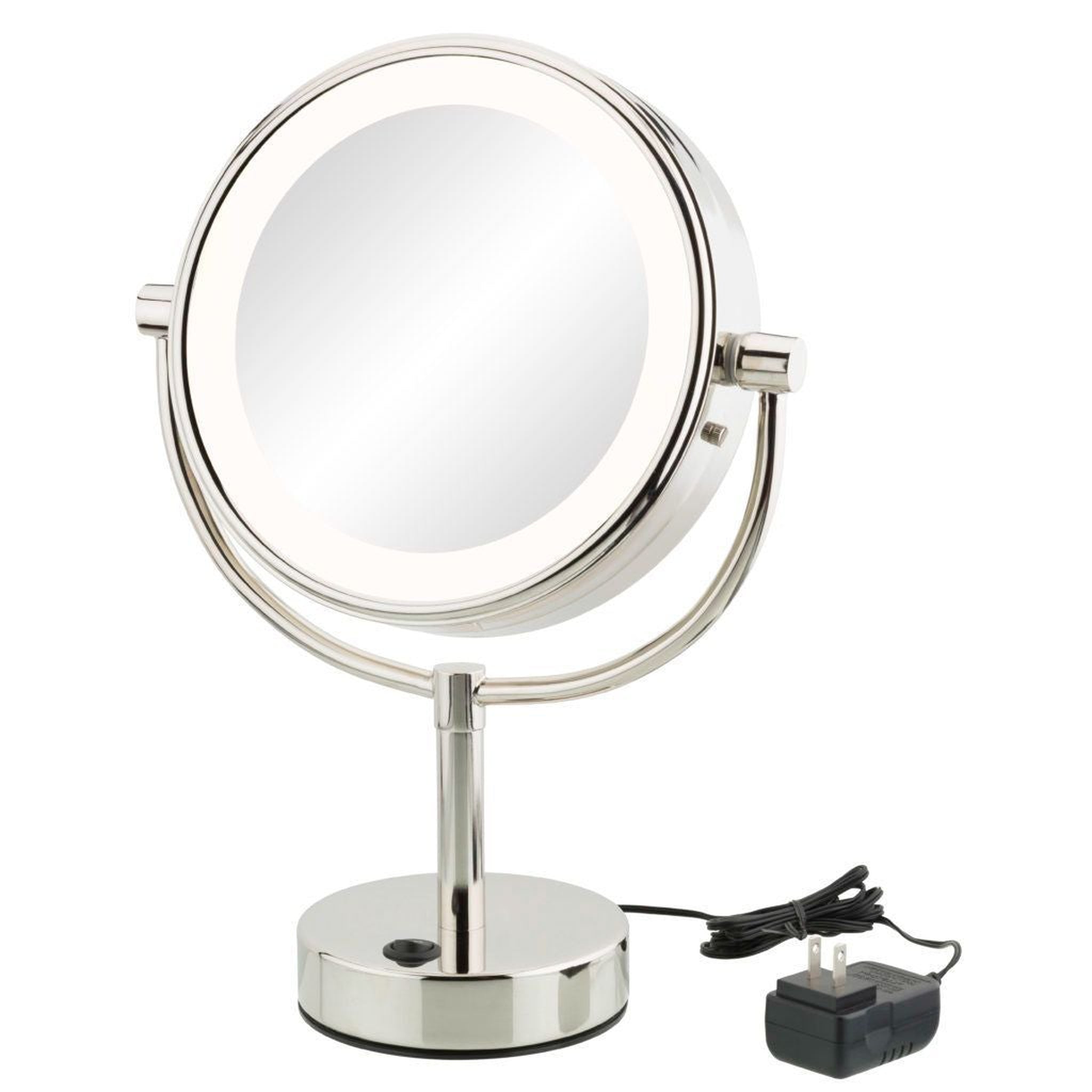 Aptations, Aptations Kimball & Young 9" x 15" Chrome Freestanding Round NeoModern Plugin 1X/5X Magnified Mirror With 3,500K Warm White LED Light Color